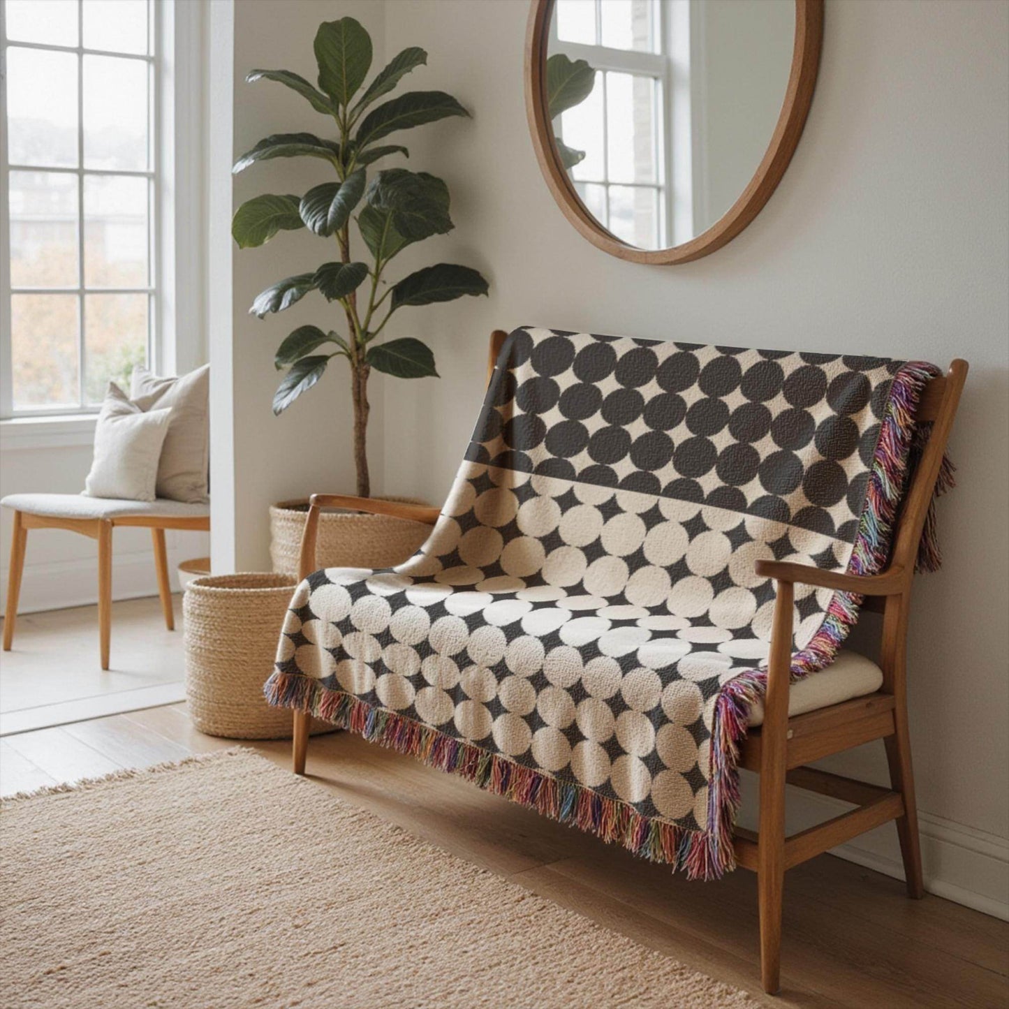 Geometric Cotton Blanket – Modern Black White Circle Throw | Cozy Woven Fabric - timelessbohochic.com