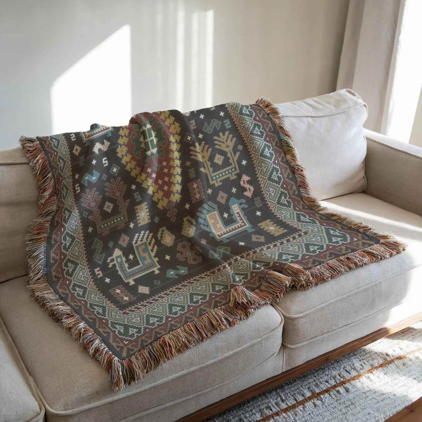 Caucasian Rug Wall Hanging – Ethnic Boho Wall Art | Soft Cotton Blanket Throw - timelessbohochic.com