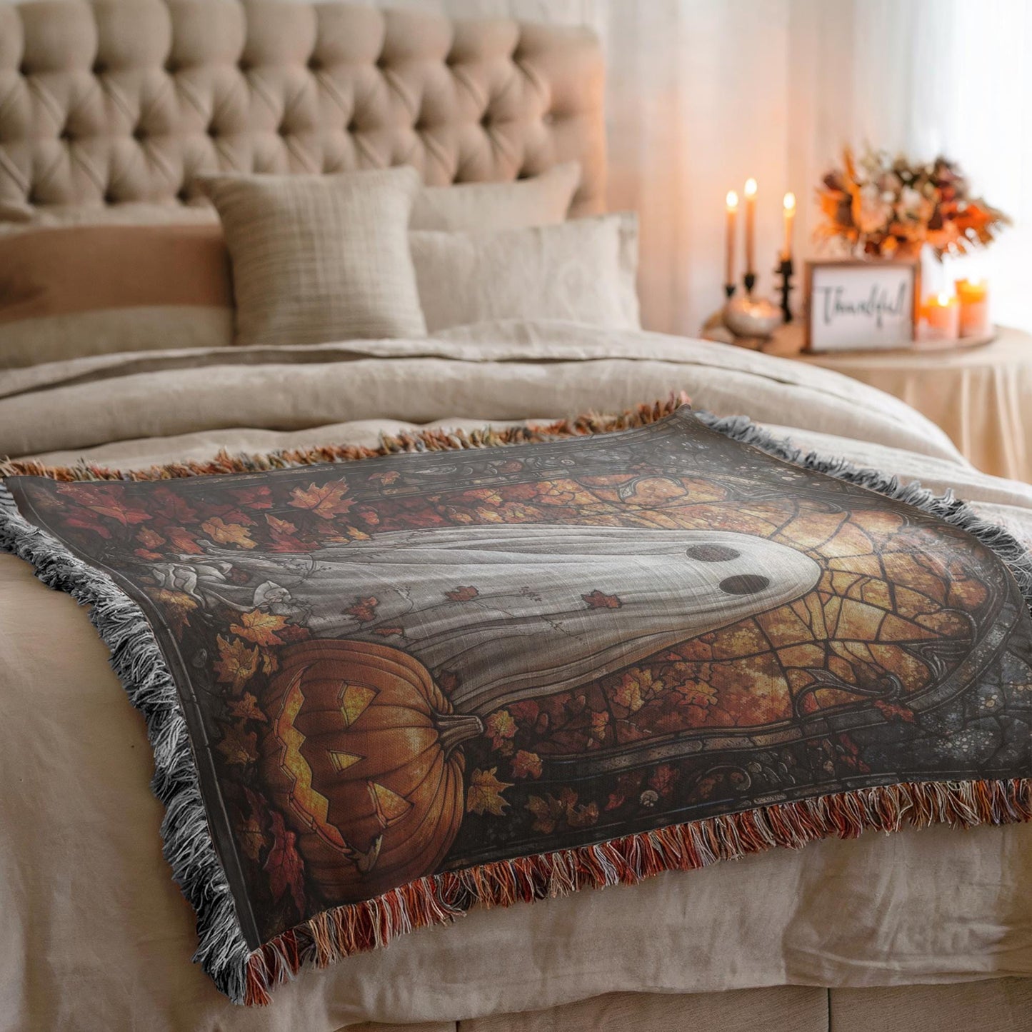 Halloween Decor Blanket - Festive Fall Cotton Throw With Ghost Pumpkin & Stained Glass Motif