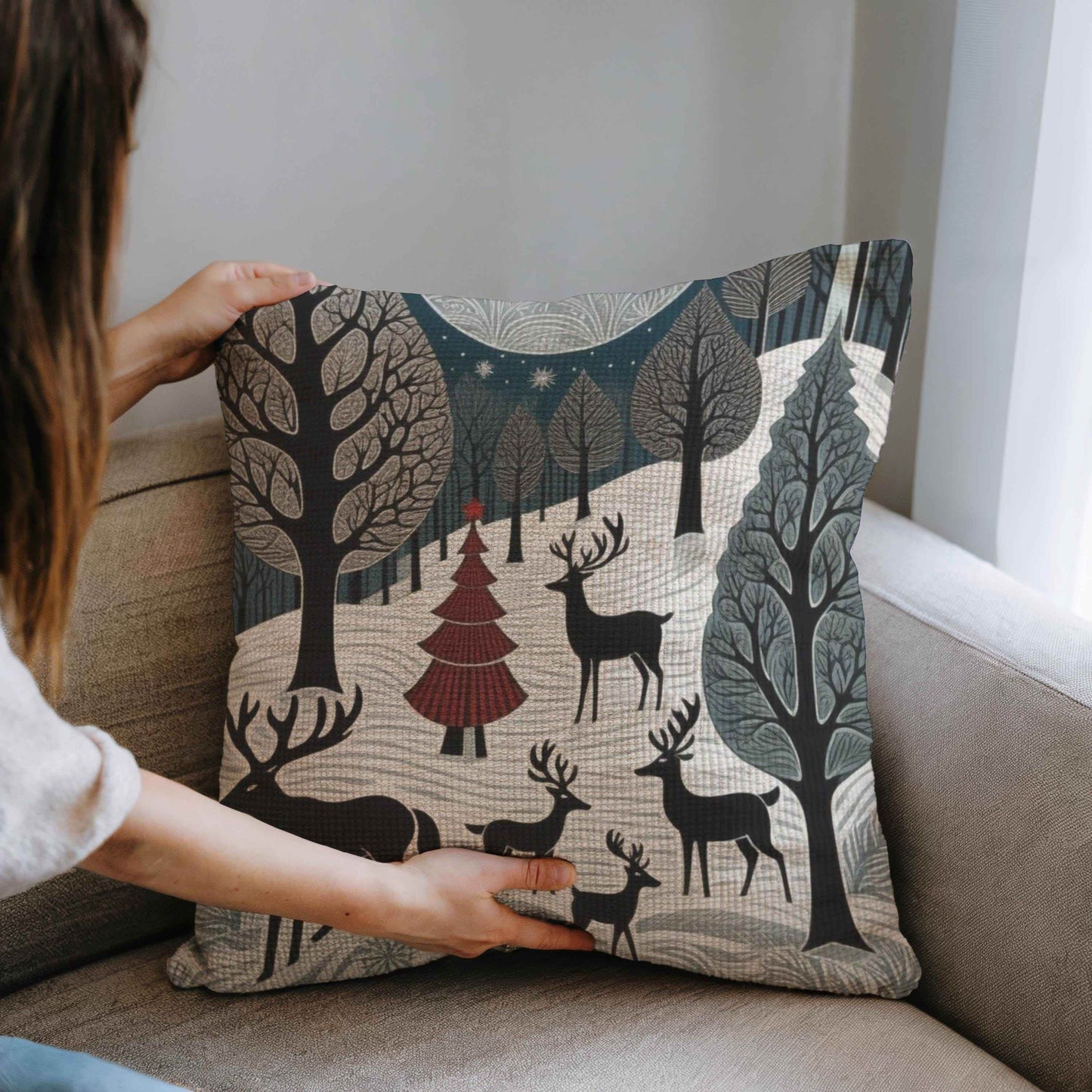 Winter Deer Pillow - Woven Decorative Cushion With Deer Herd Design, Cozy Cabin Accent - timelessbohochic.com