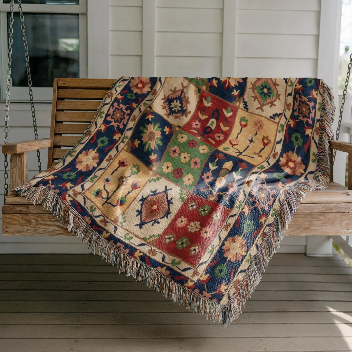 Checkered Turkish Throw - Floral Cotton Picnic Quilt | Cozy Patio Blanket