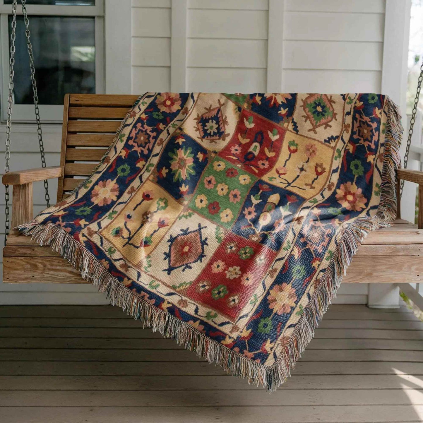 Checkered Turkish Throw Blanket - Floral Cotton Picnic Quilt | Cozy Patio Blanket - timelessbohochic.com