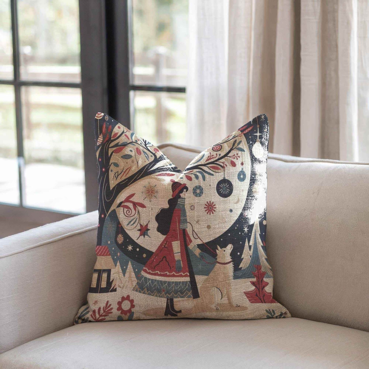 Woven Christmas Pillow - Cozy Seasonal Cushion with Lady & Dog Design | Festive Home Decor - timelessbohochic.com
