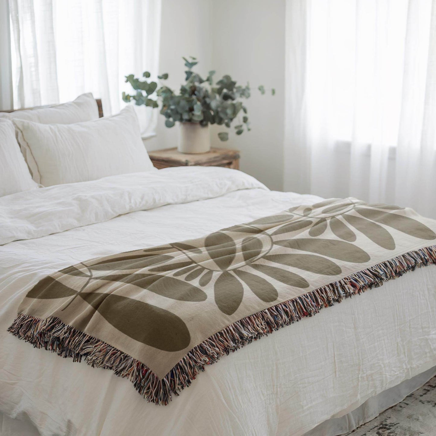 Woven Bedroom Blanket - Mid Century Modern Throw With Scandi Leaves Pattern | Cozy Home Decor - timelessbohochic.com