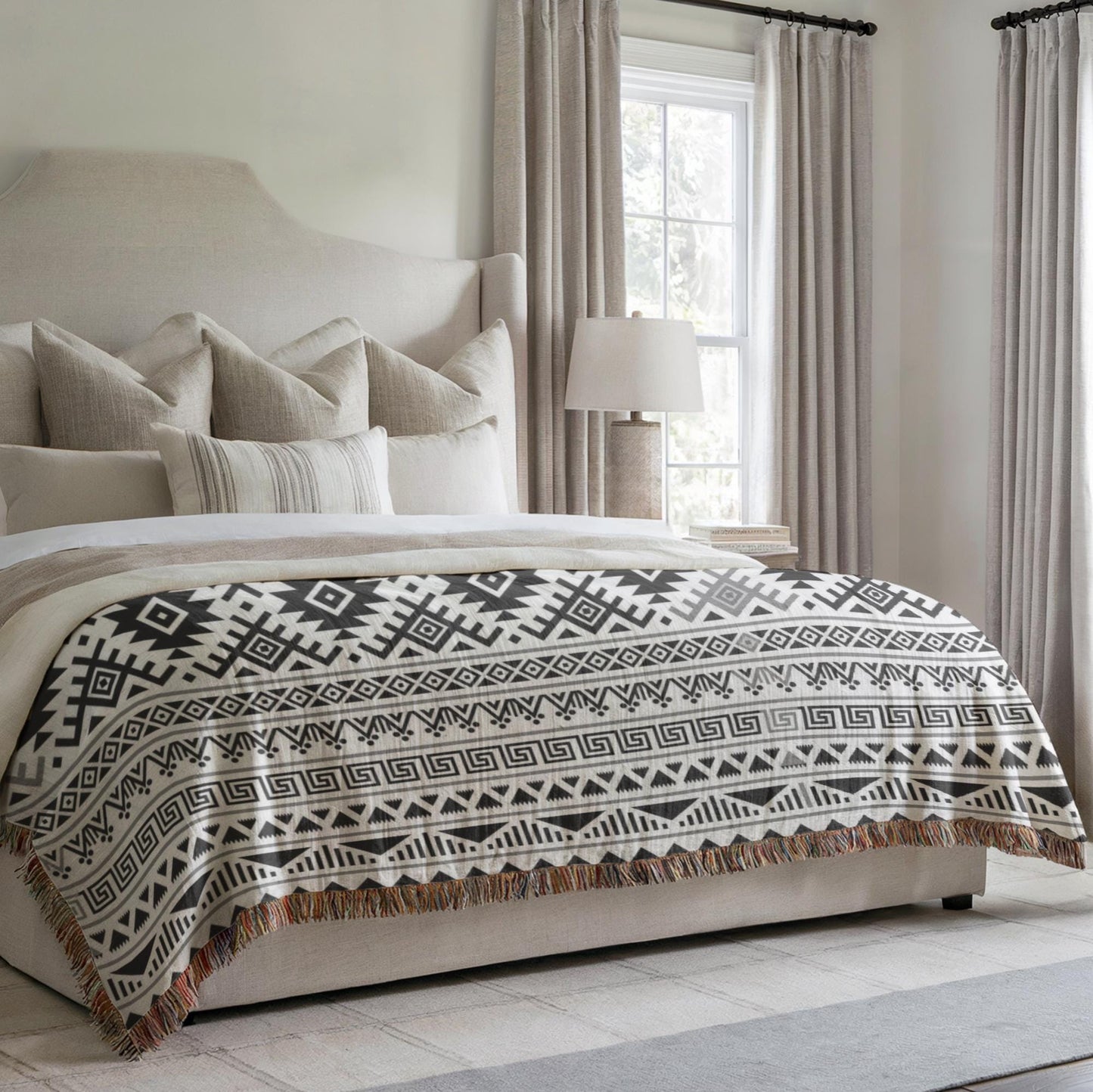 a well-decorated bedroom with a large bed featuring a patterned blanket and multiple pillows. The bed is positioned against a wall with a window, and there is a lamp on a side table next to the bed.
