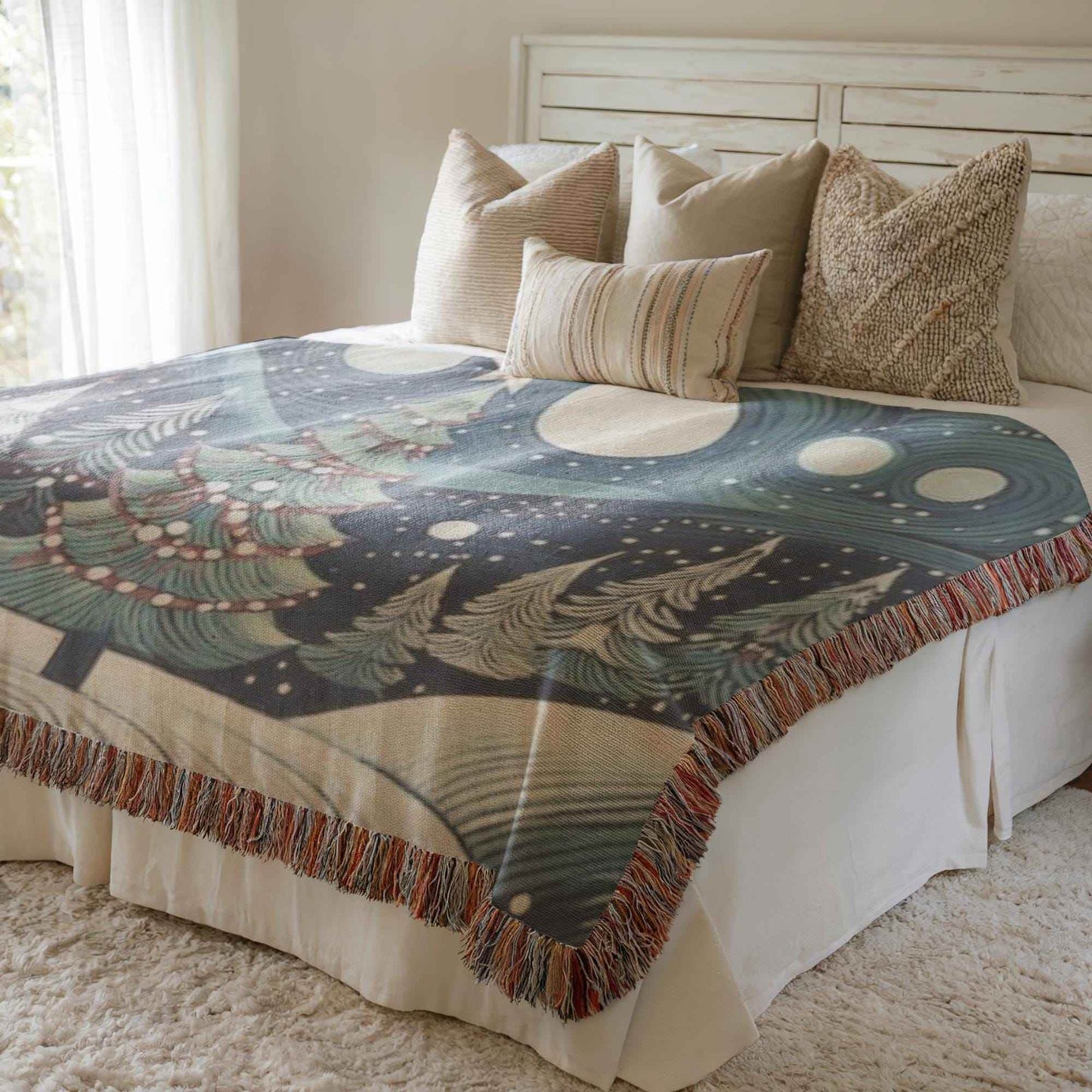 Festive Forest Blanket - Handwoven Cotton Throw With Christmas Tree Design | Cozy Winter Nights - timelessbohochic.com