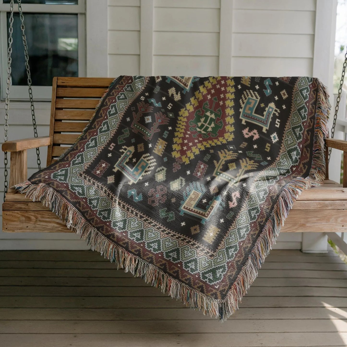 Caucasian Rug Wall Hanging – Ethnic Boho Wall Art | Soft Cotton Blanket Throw