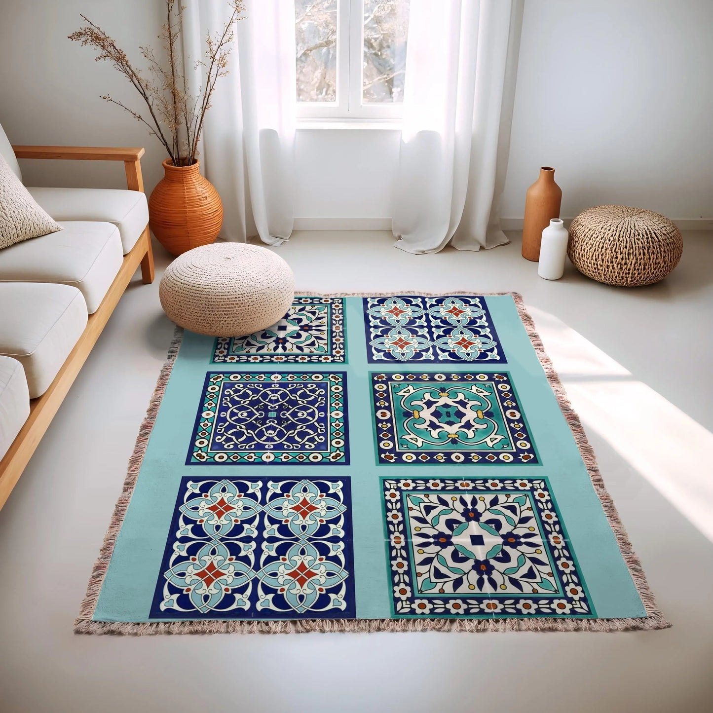 Cotton Throw Blanket - Persian Tile Tapestry | Boho Bedroom Accent & Cozy Couch