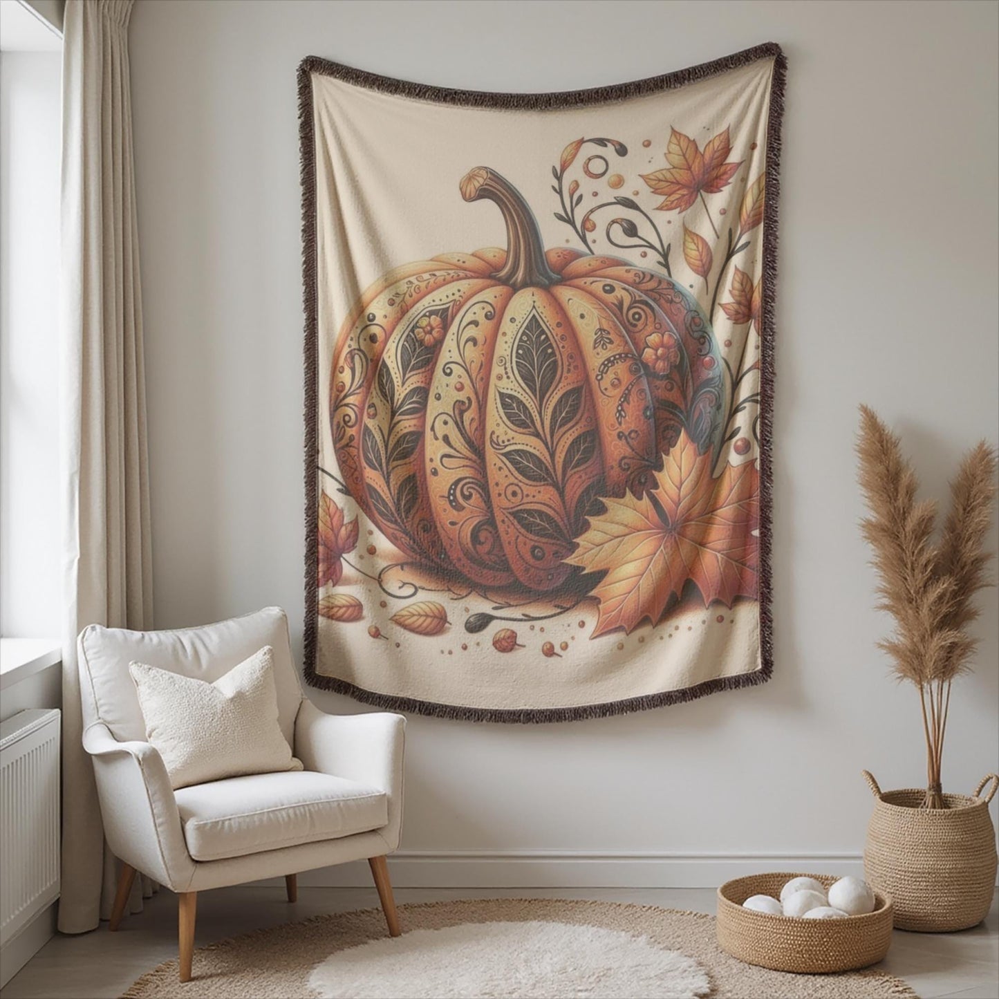 Thanksgiving Throw Tapestry - Pumpkin Wall Art | Cozy Fall Home Decor