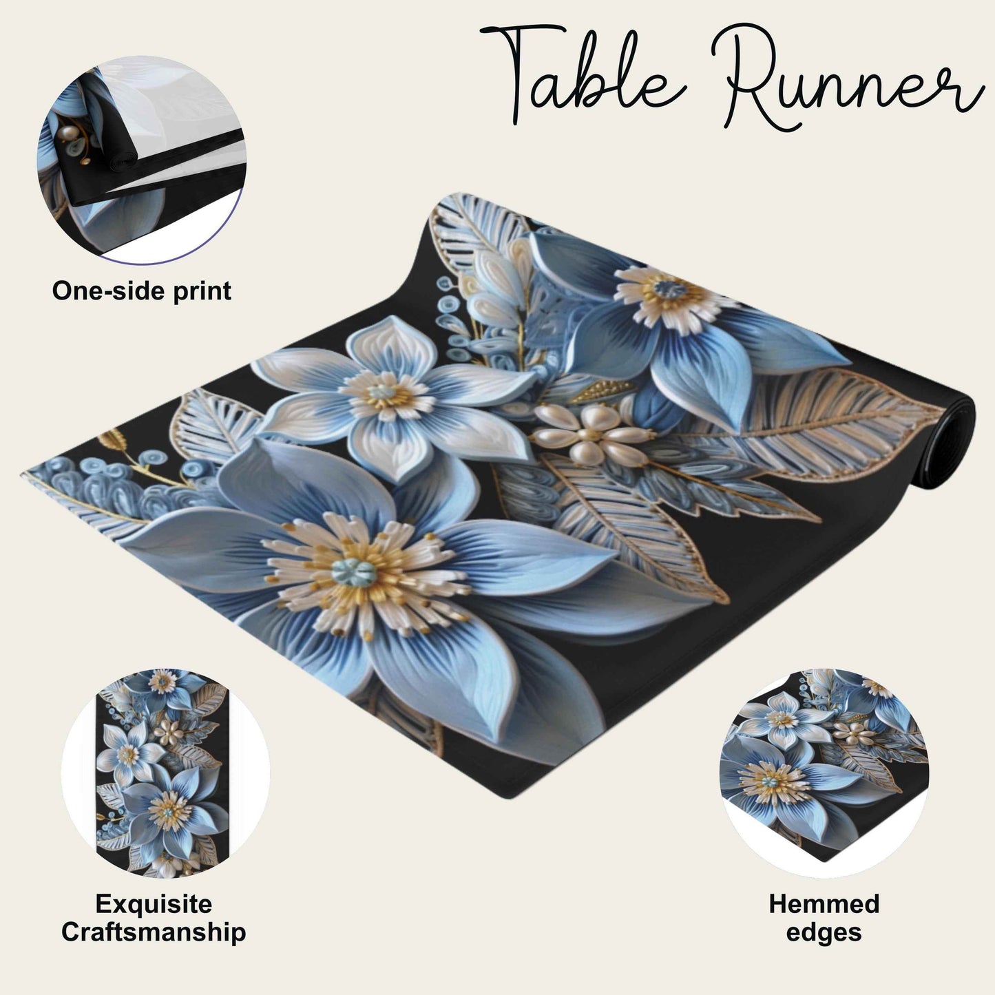 Poinsettia Table Runner - Baby Blue & Gold Holiday Table Decor | Soft Fabric, Hemmed Edge - timelessbohochic.com