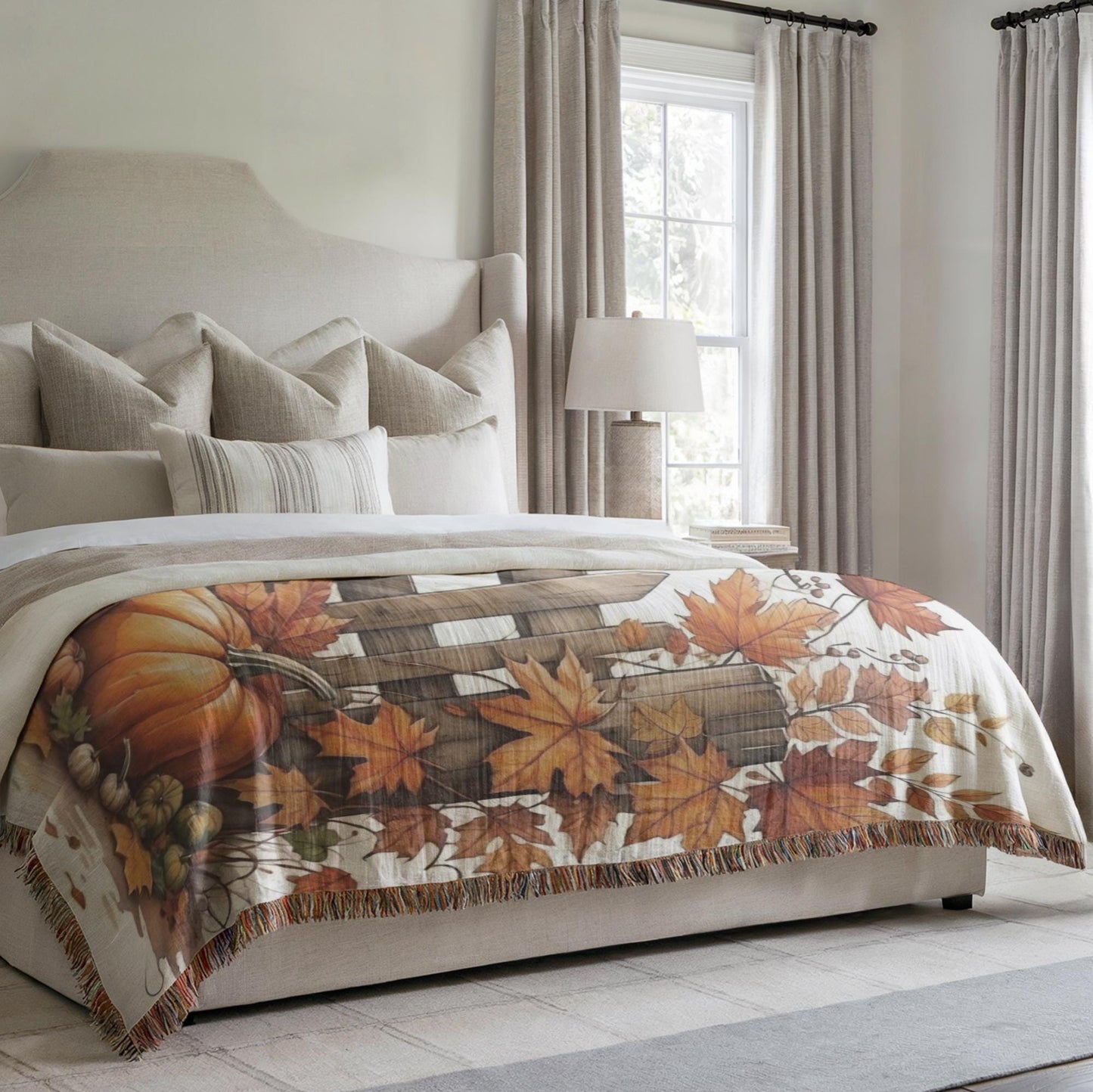 Thanksgiving Blanket, Farmhouse Design with Leaves Pumpkin and Picket Fence, Harvest Season Bedding, Fall Bed Cover, Gift for Dad Daddy Pop
