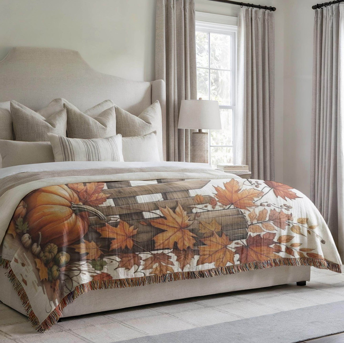 Thanksgiving Cotton Woven Blanket, Farmhouse Design with Leaves, Pumpkin, and Picket Fence - Harvest Season Bedding Gift for Dad - timelessbohochic.com