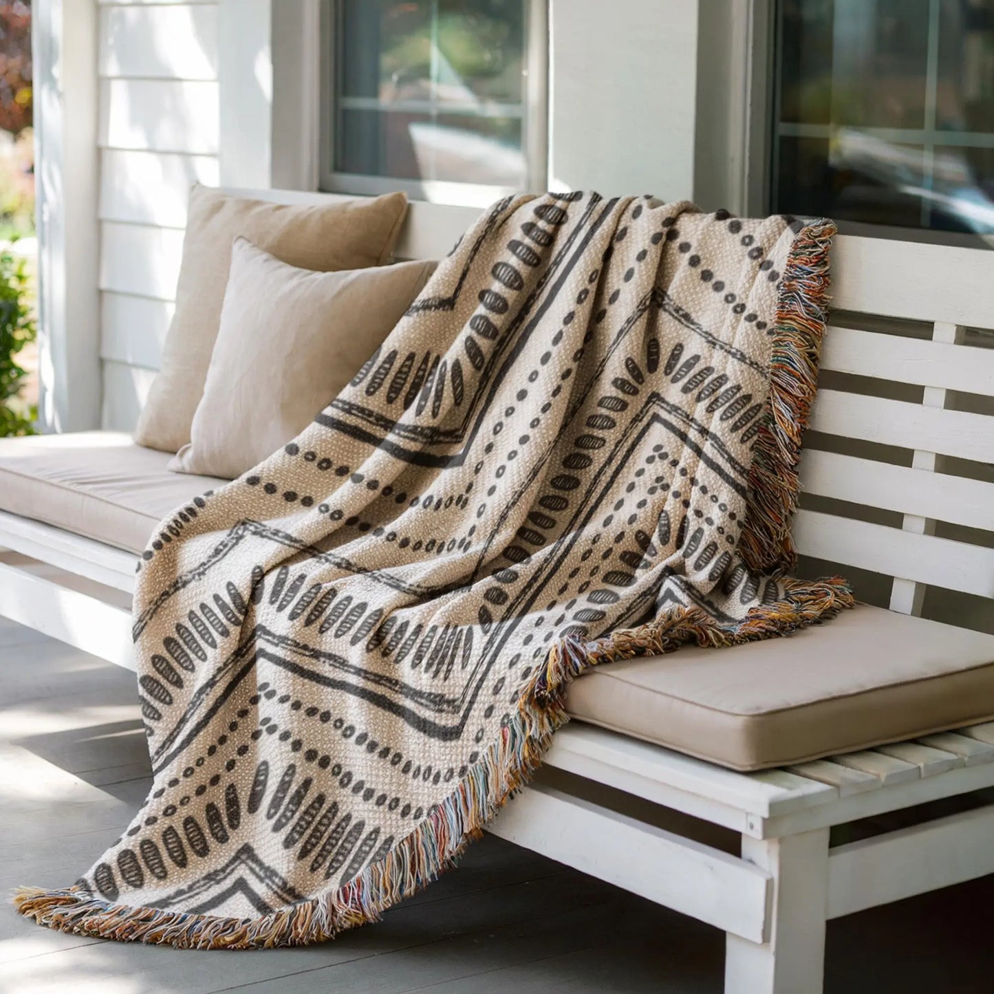 Woven Cotton Throw - Black White Tribal Ikat Blanket | Minimalist Geometric Decor