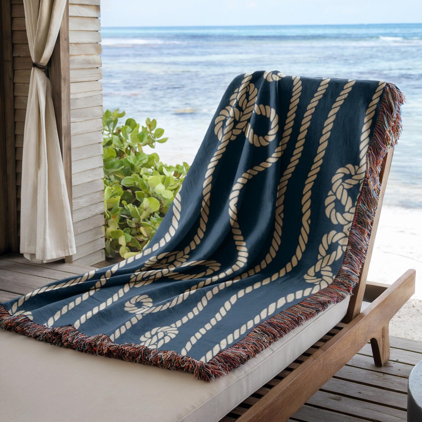 Marine Woven Blanket – Nautical Cord Throw With Colorful Fringed Edges
