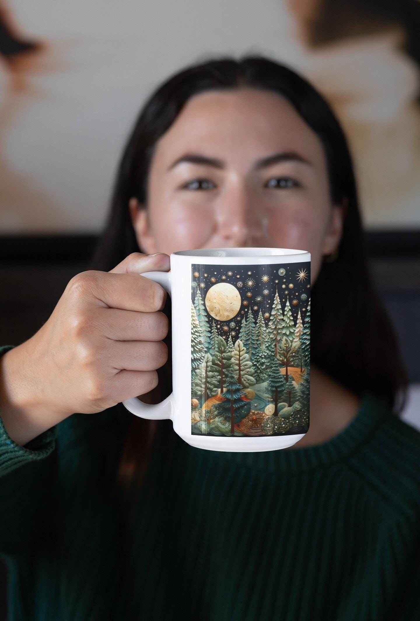 Winter Landscape Mug - Cozy Ceramic Coffee Cup With Pine Tree Design - timelessbohochic.com