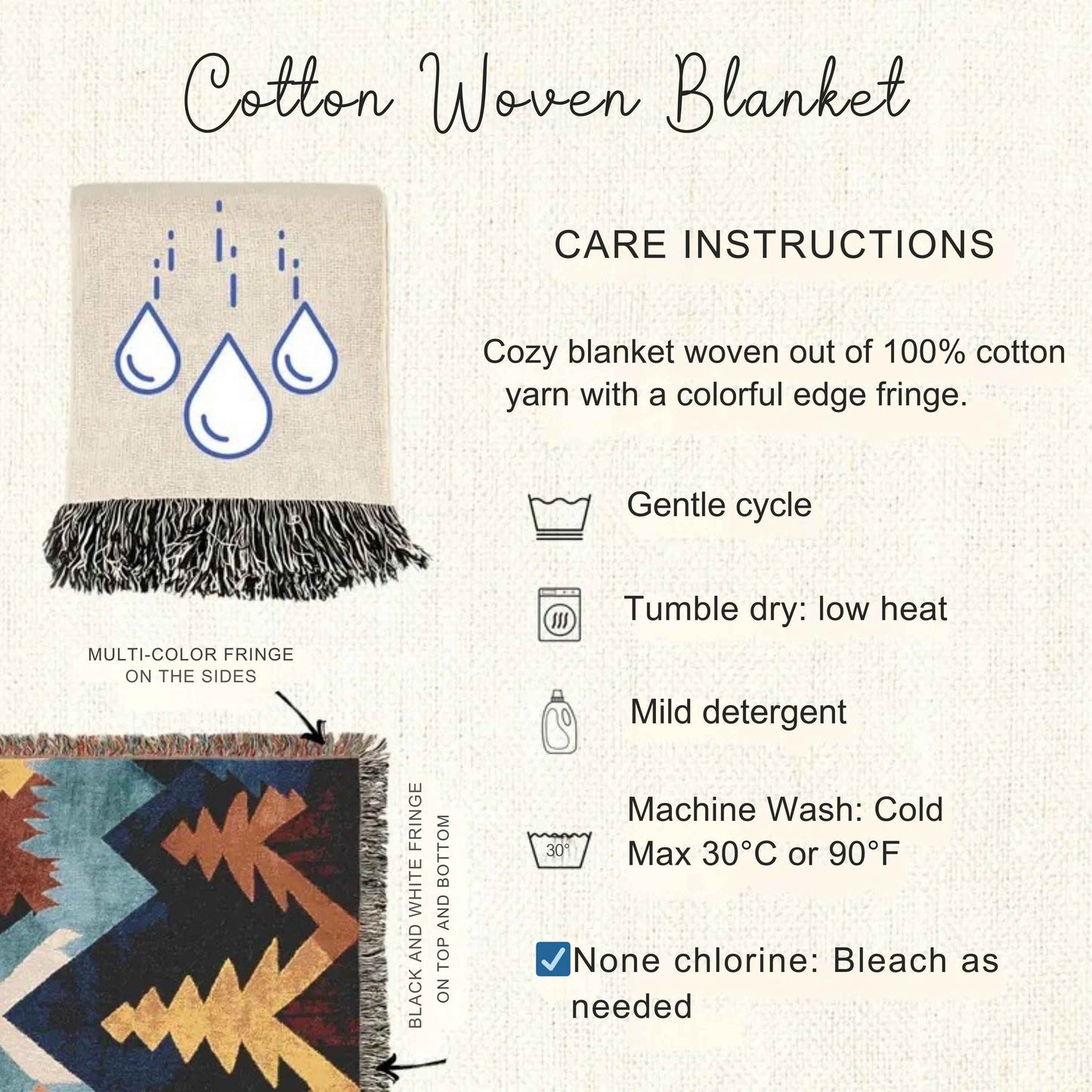 Nordic Cotton Throw Blanket - Woven Cotton Scandinavian Throw with Black Heart Design - timelessbohochic.com