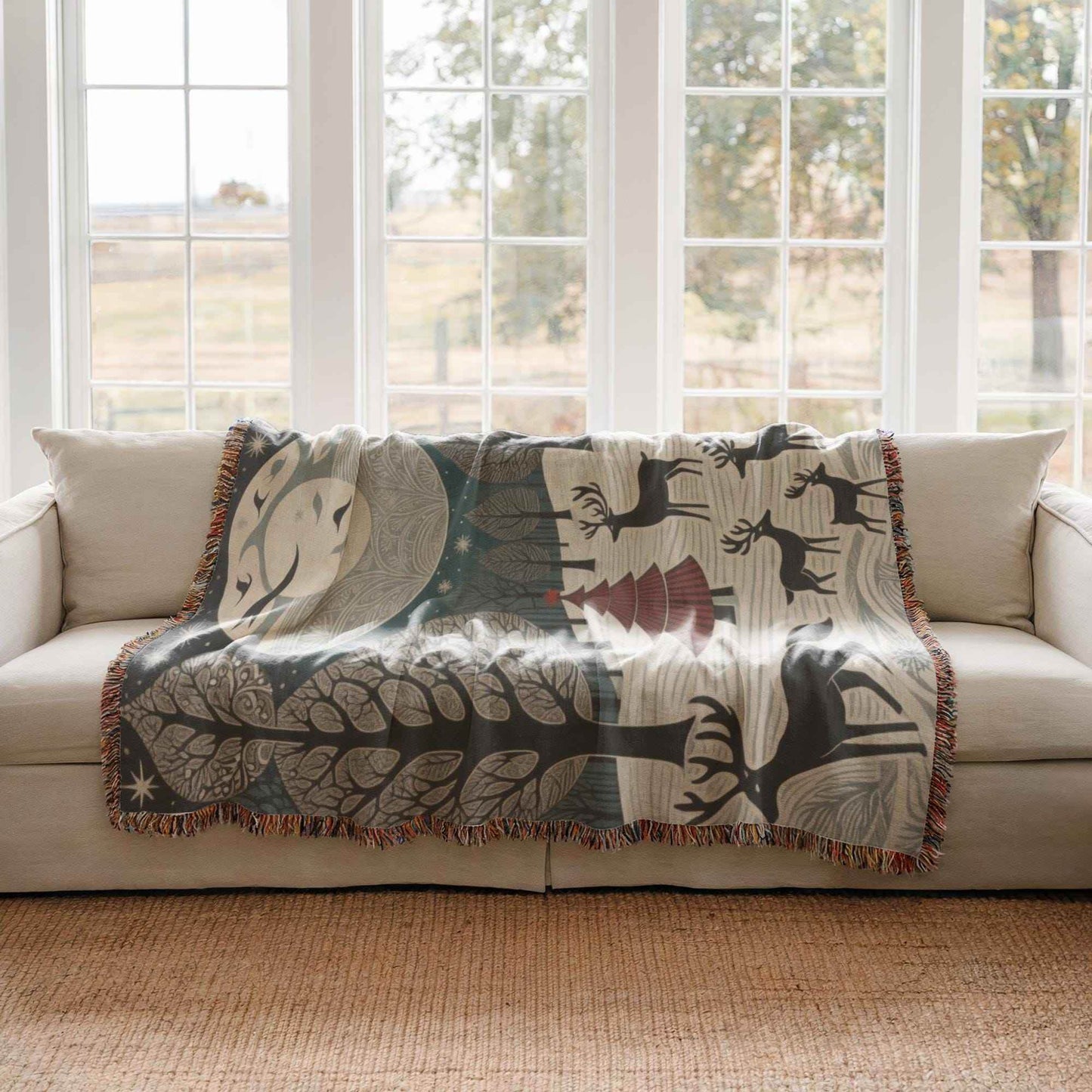 Holiday Couch Cover - Cozy Cotton Throw with Reindeer Blanket | Winter Forest Decor - timelessbohochic.com