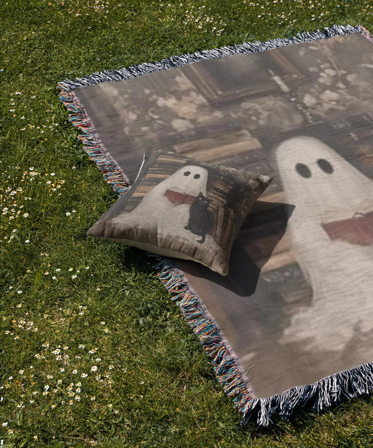 Ghost Book Cat Blanket – Soft Cotton Throw With Fringed Edges, Cozy Reading Nook Decor