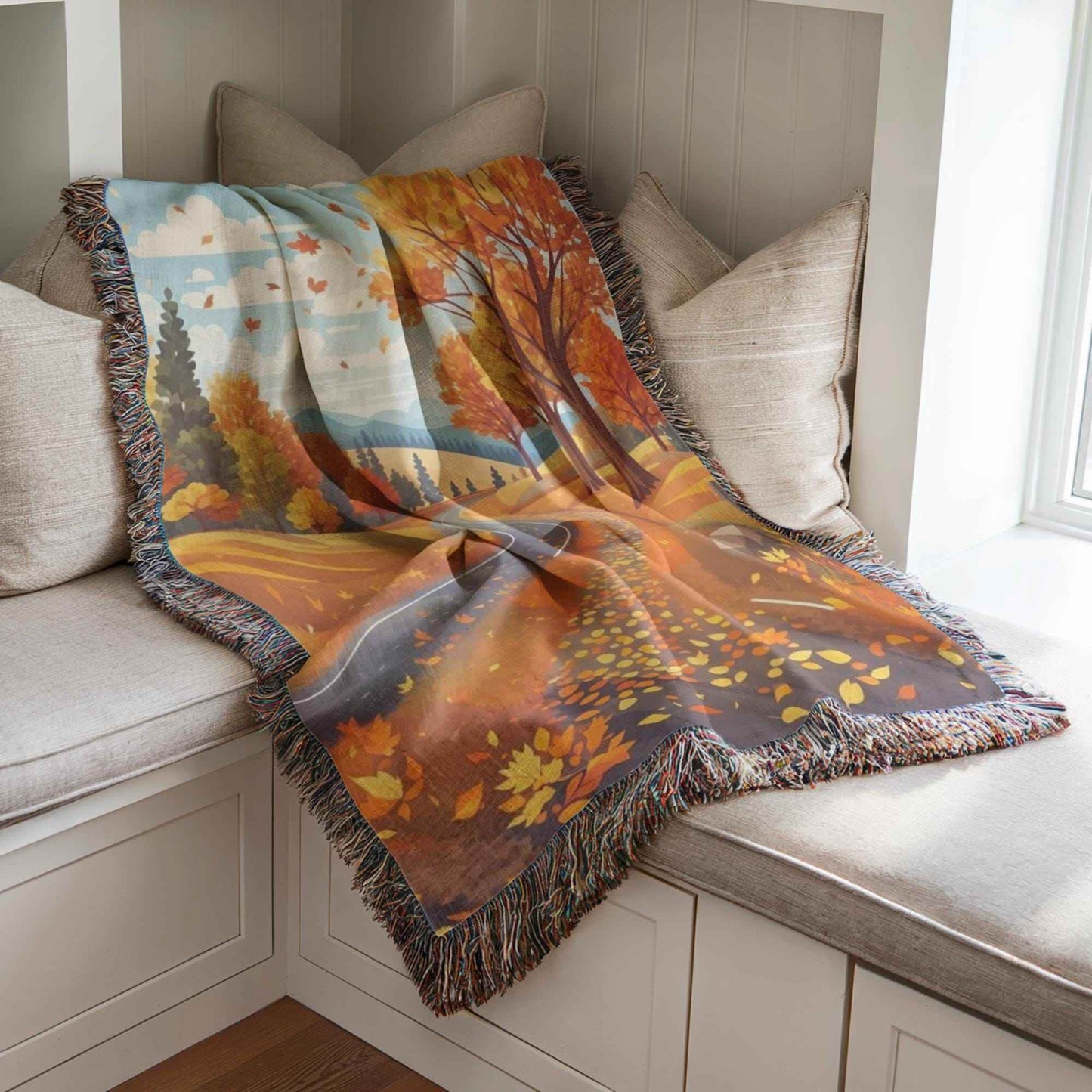 Woven Fall Blanket - Cozy Cotton Throw With Fringed Edge, Autumn Decor - timelessbohochic.com