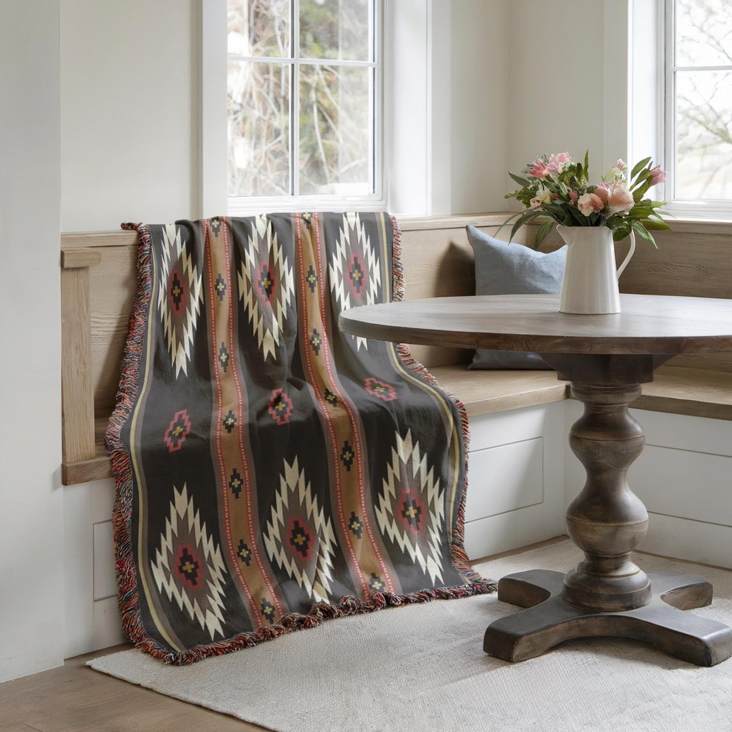 a cozy corner with a wooden table, a bench, and a colorful blanket draped over the bench. A vase of flowers is placed on the table, adding a touch of nature to the space. The room has a clean, minimalist aesthetic with white walls and a wooden floor.