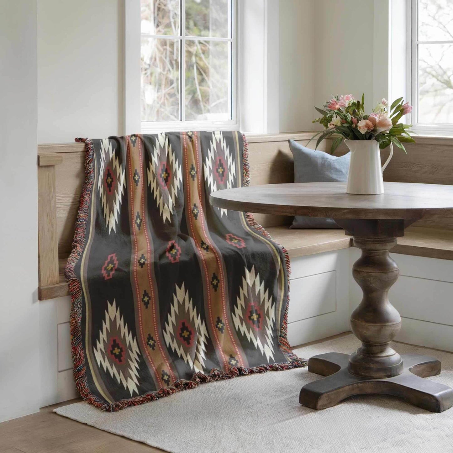 Woven Throw Blanket - Cozy Rustic Tribal Cotton Fabric With Colorful Fringed Edges - timelessbohochic.com