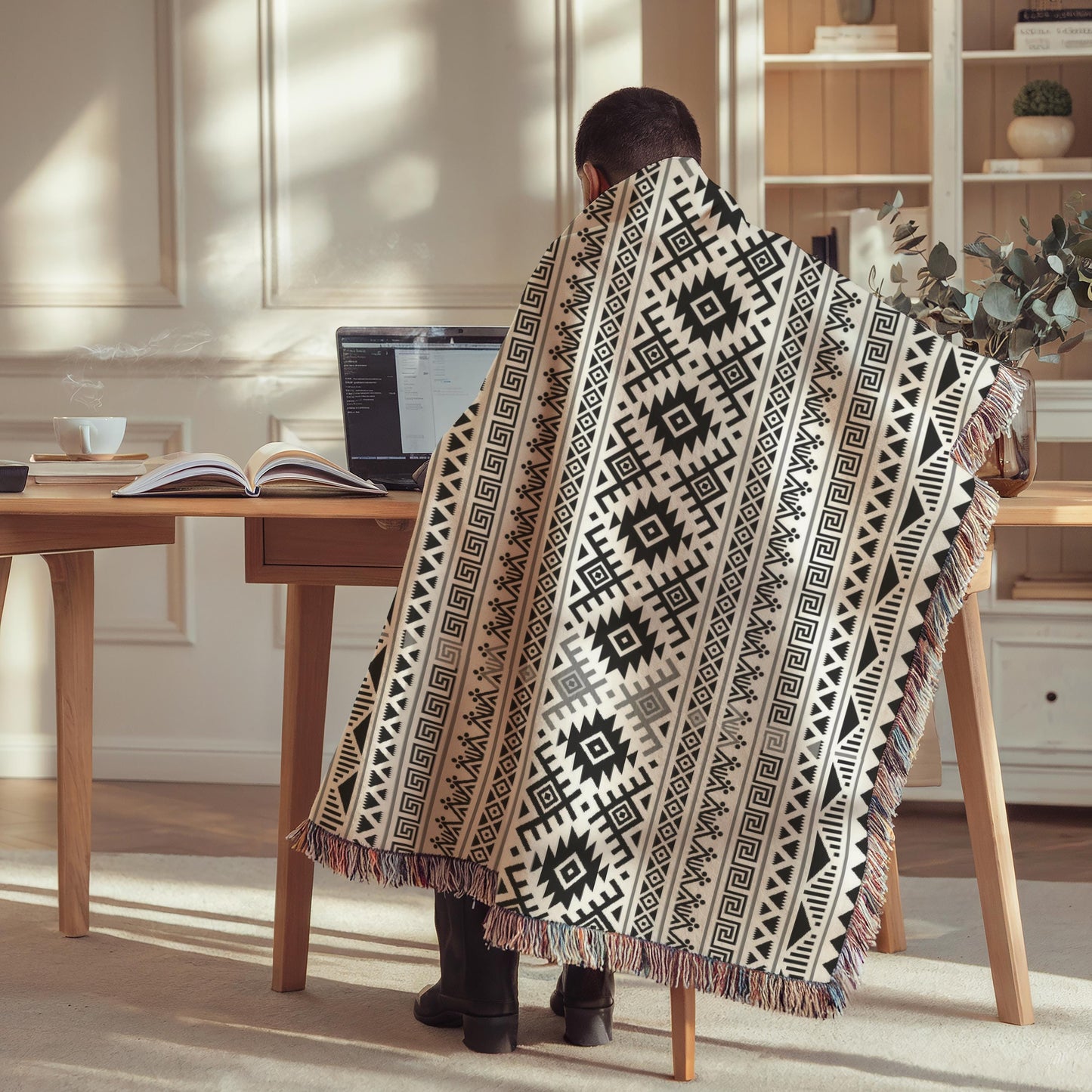 A person is sitting at a desk, wrapped in a patterned blanket, using a laptop computer.