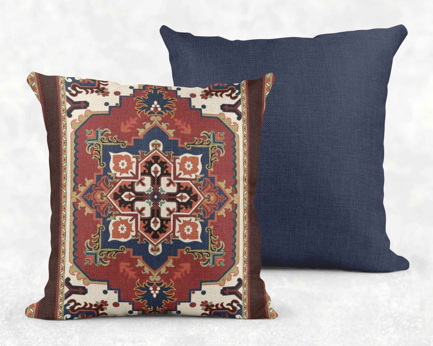 Persian Rug Pillow – Woven Decorative Boho Throw Pillow With Rust Blue Beige Pattern - timelessbohochic.com
