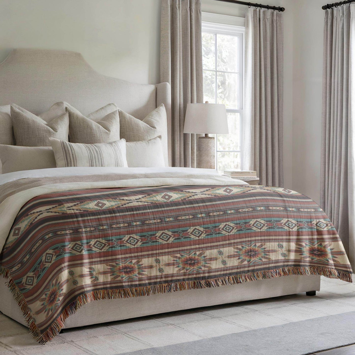 Navajo Pattern Bedding - Southwestern Bed Cover With Colorful Fringed Blanket - timelessbohochic.com