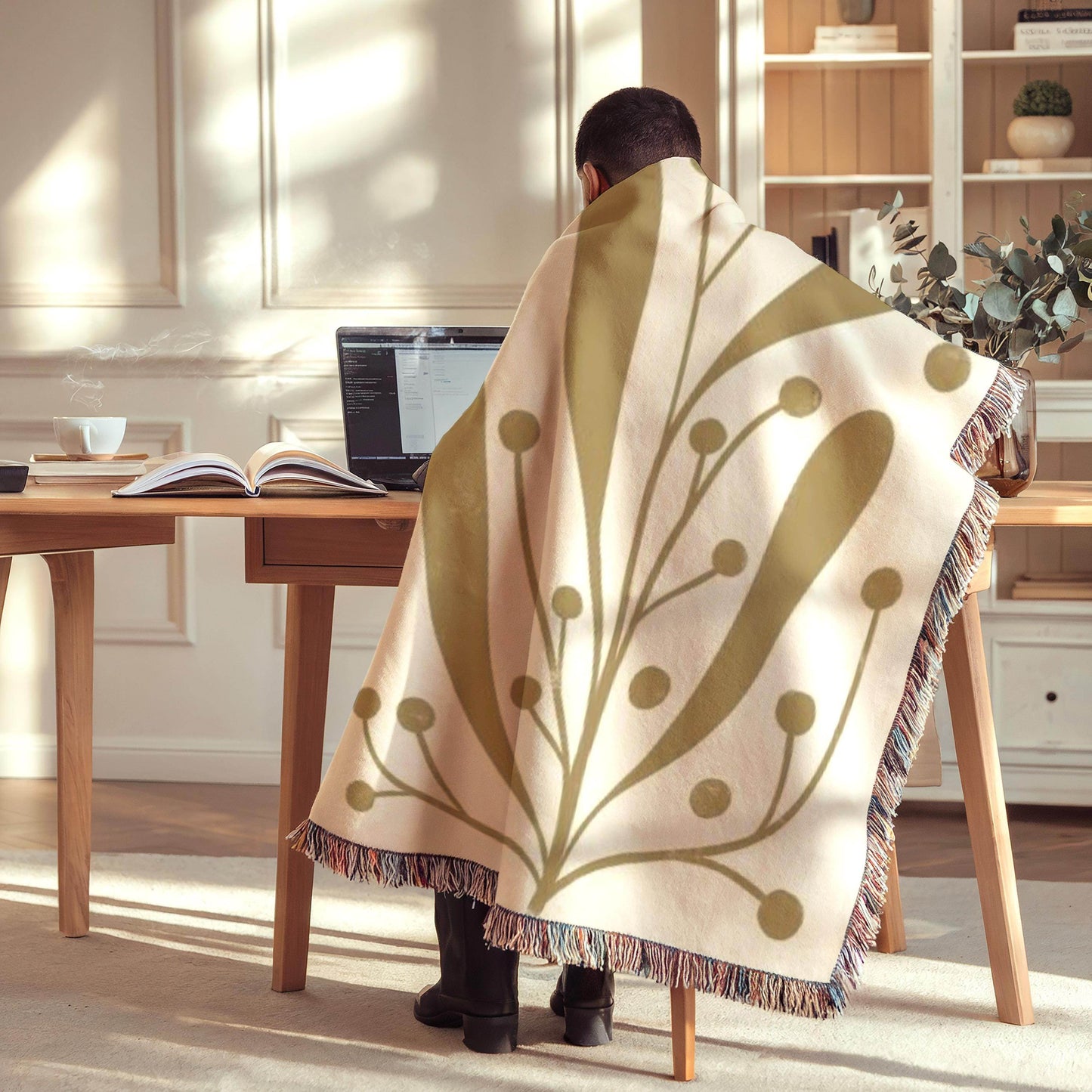 Woven Office Blanket - Mid Century Modern Linden Leaf Cotton Throw with Fringed Edges - timelessbohochic.com