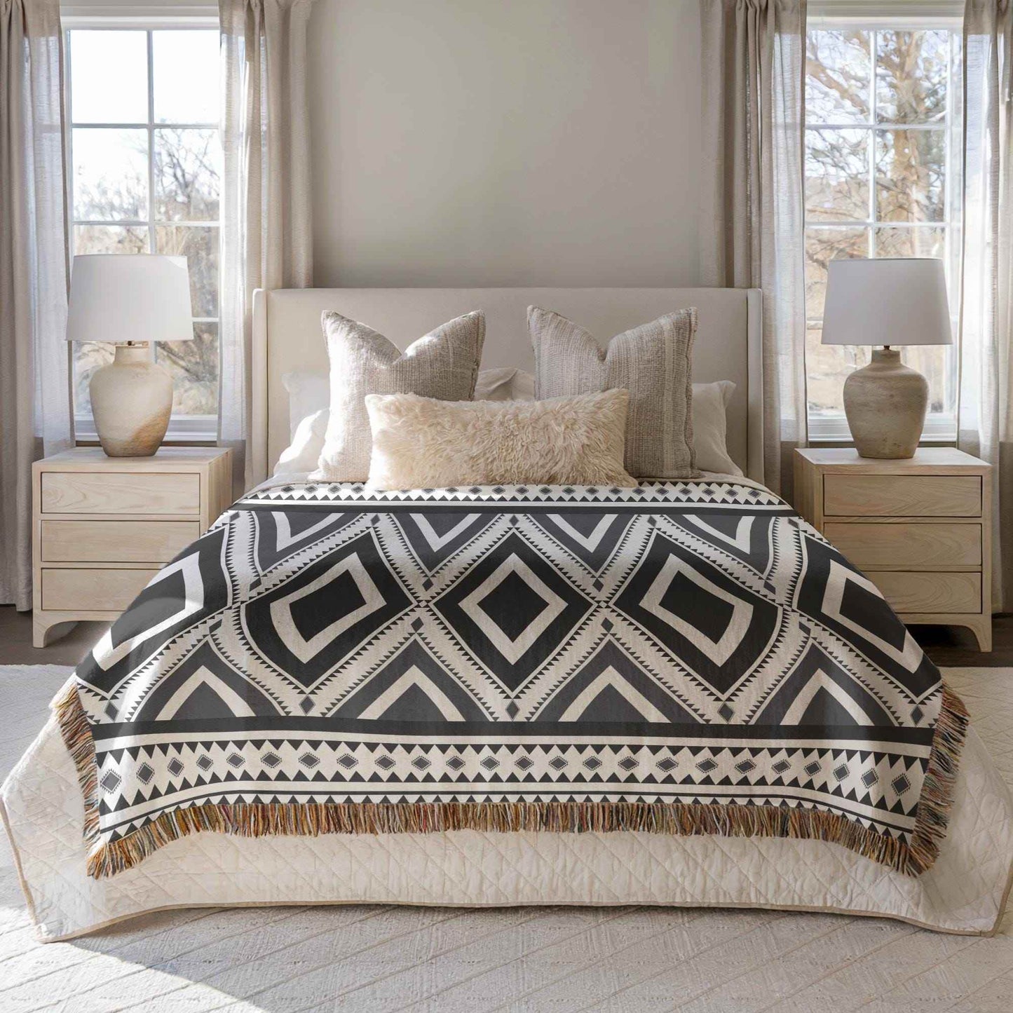 Southwestern Throw Blanket - Boho Cotton Throw with Tribal Pattern and Fringed Edges - timelessbohochic.com