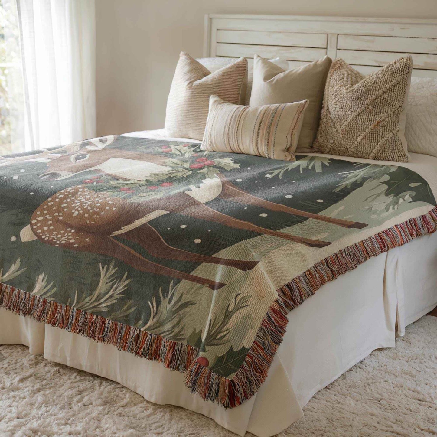 Christmas Woven Blanket – Cozy Cotton Throw With Festive Reindeer & Woodland Creatures - timelessbohochic.com
