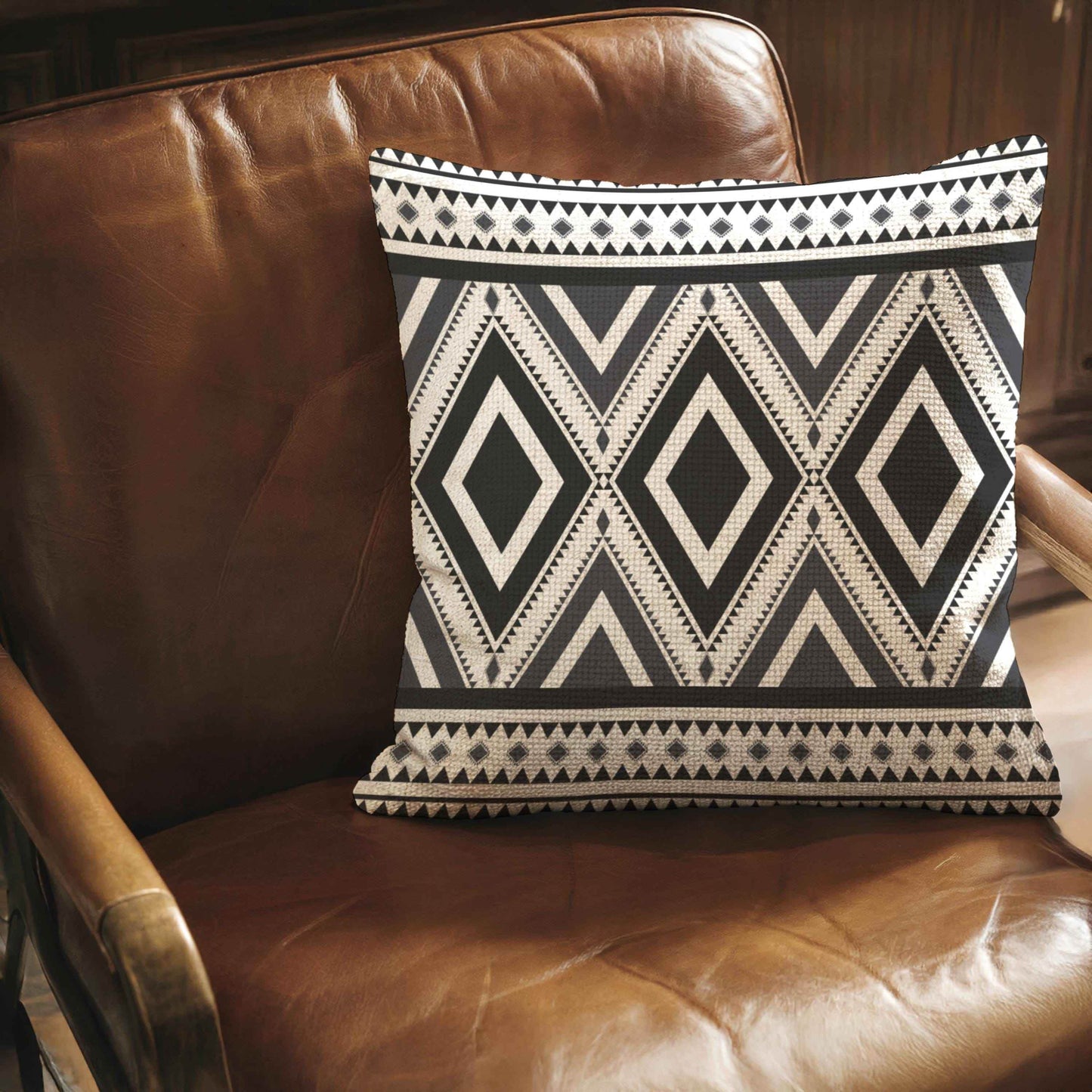 Rustic Ikat Pillow - Woven Cotton Throw Cushion With Geometric Design & Fringed Edge - timelessbohochic.com