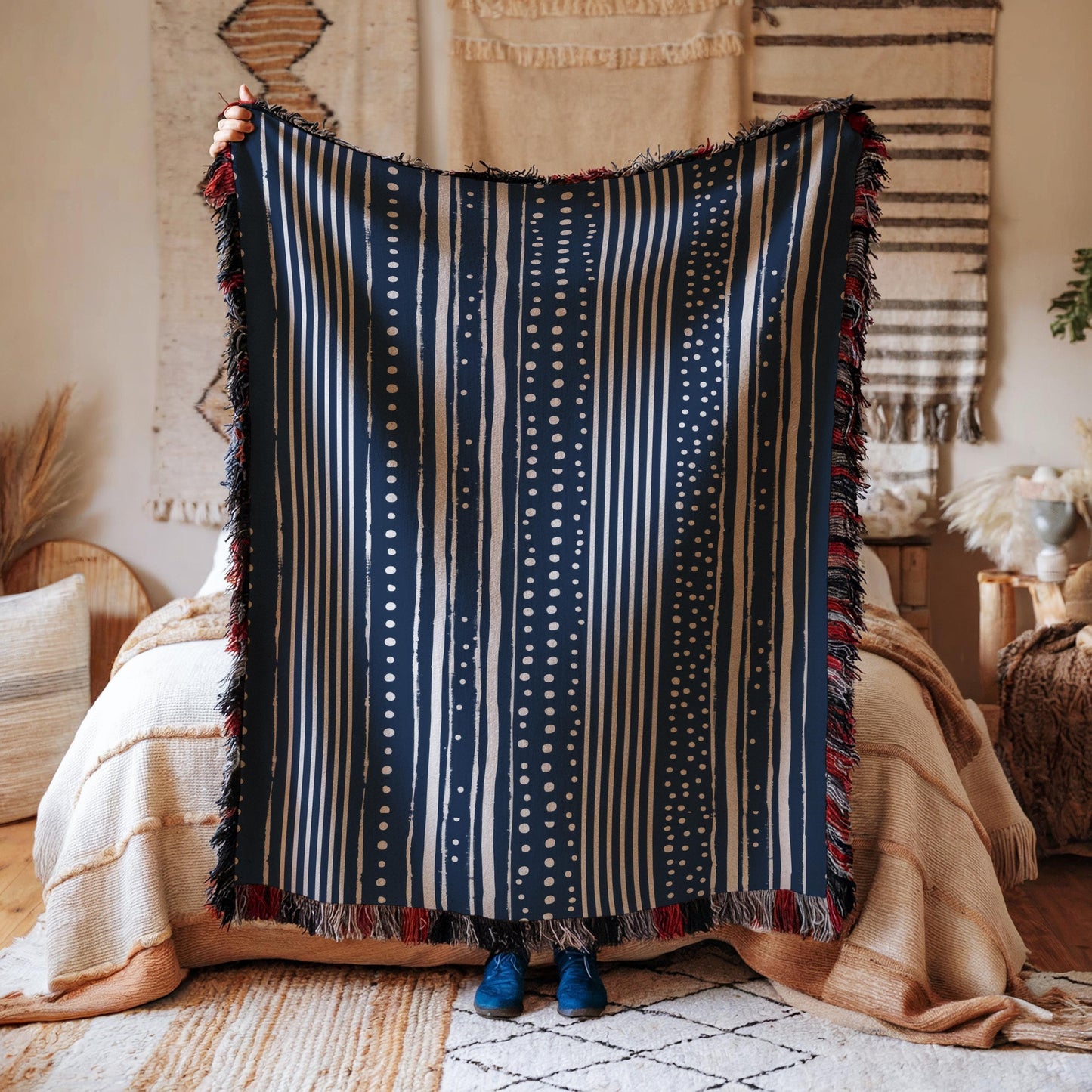 Cotton Throw Blanket – Woven Couch Throw With Blue & White Dots Pattern