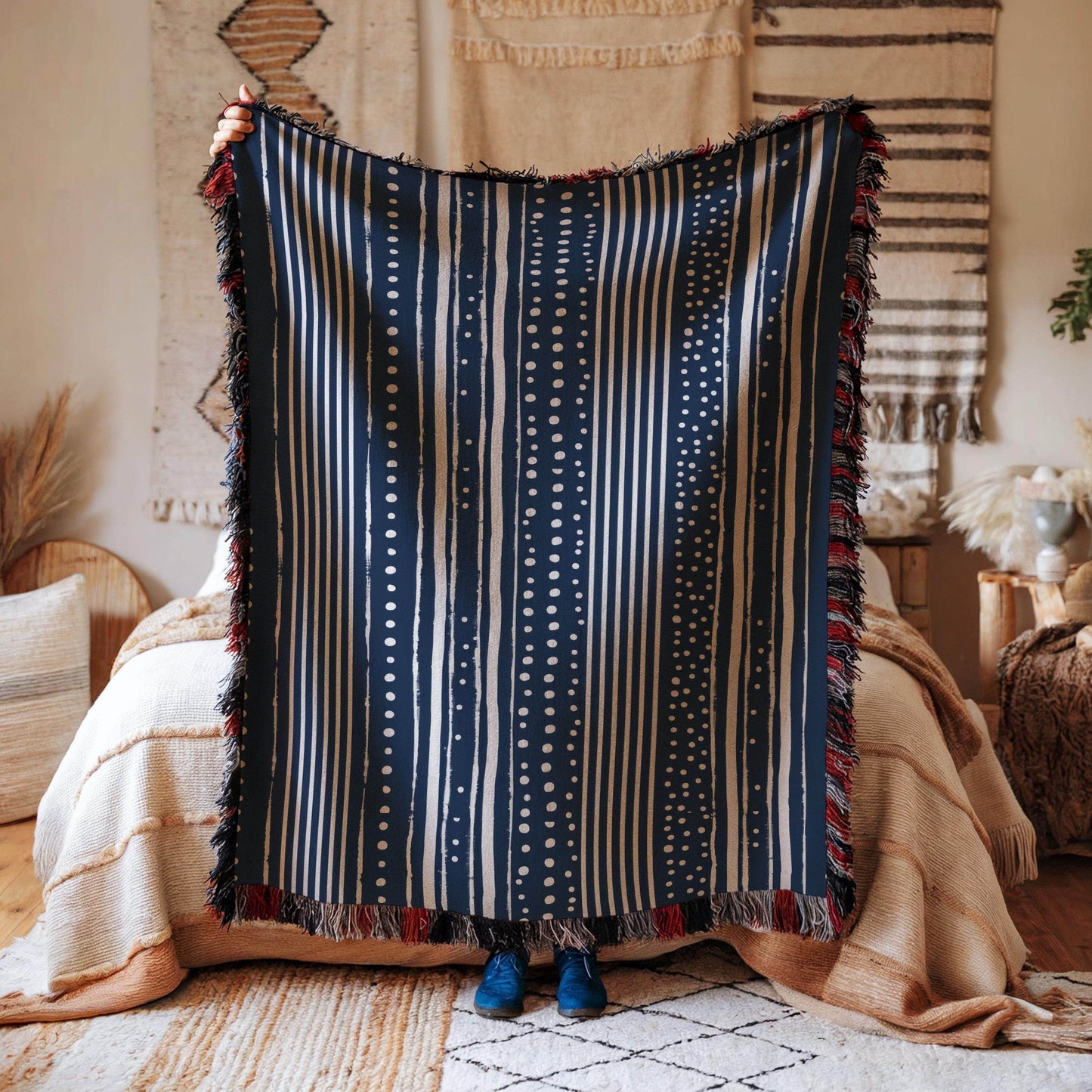 Cotton Throw Blanket – Woven Couch Throw With Blue & White Dots Pattern - timelessbohochic.com