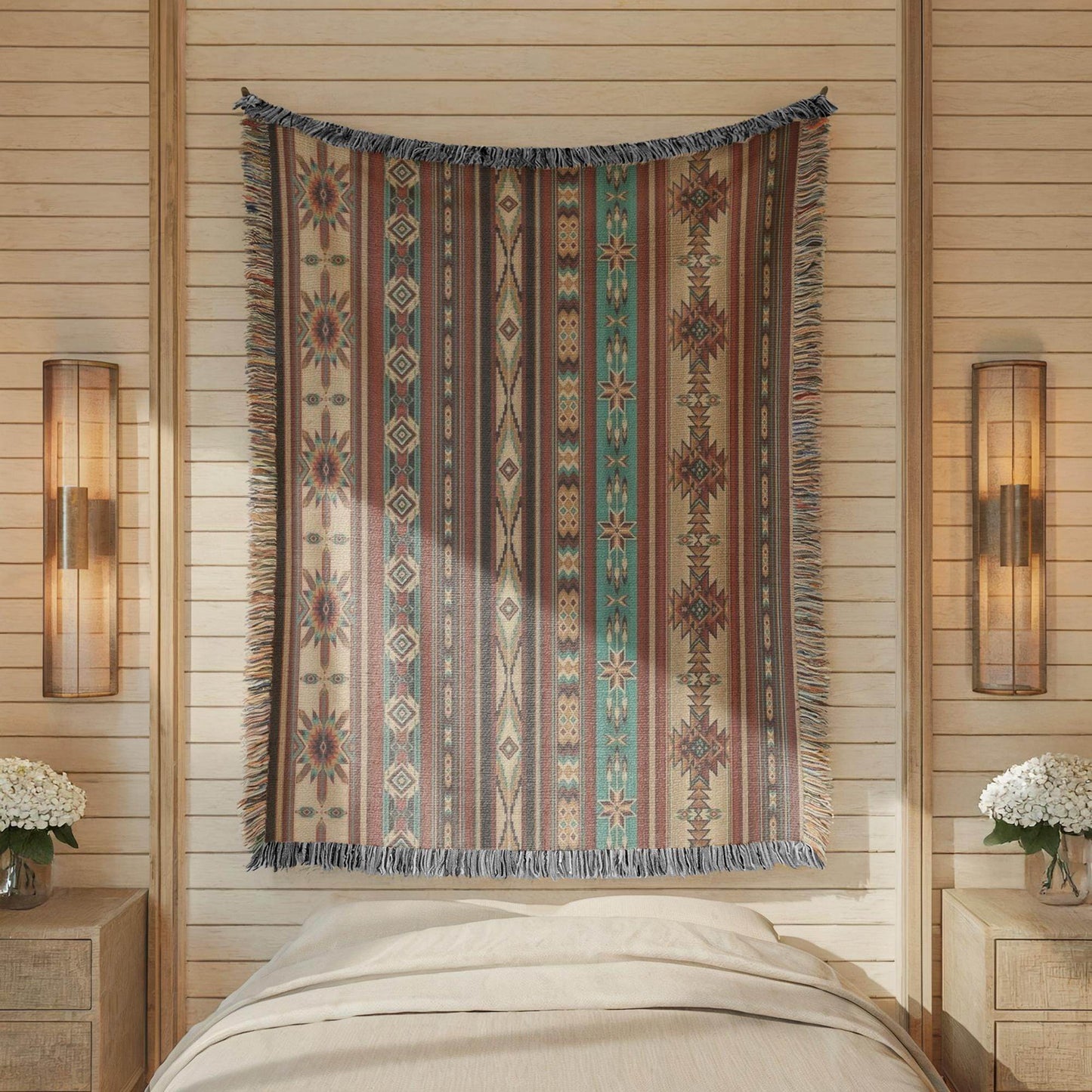Navajo Pattern Bedding, Southwestern Inspired Bed Cover, Native American Blanket, Ethnic Bed Throw, Tribal Bedroom Decor, - timelessbohochic.com