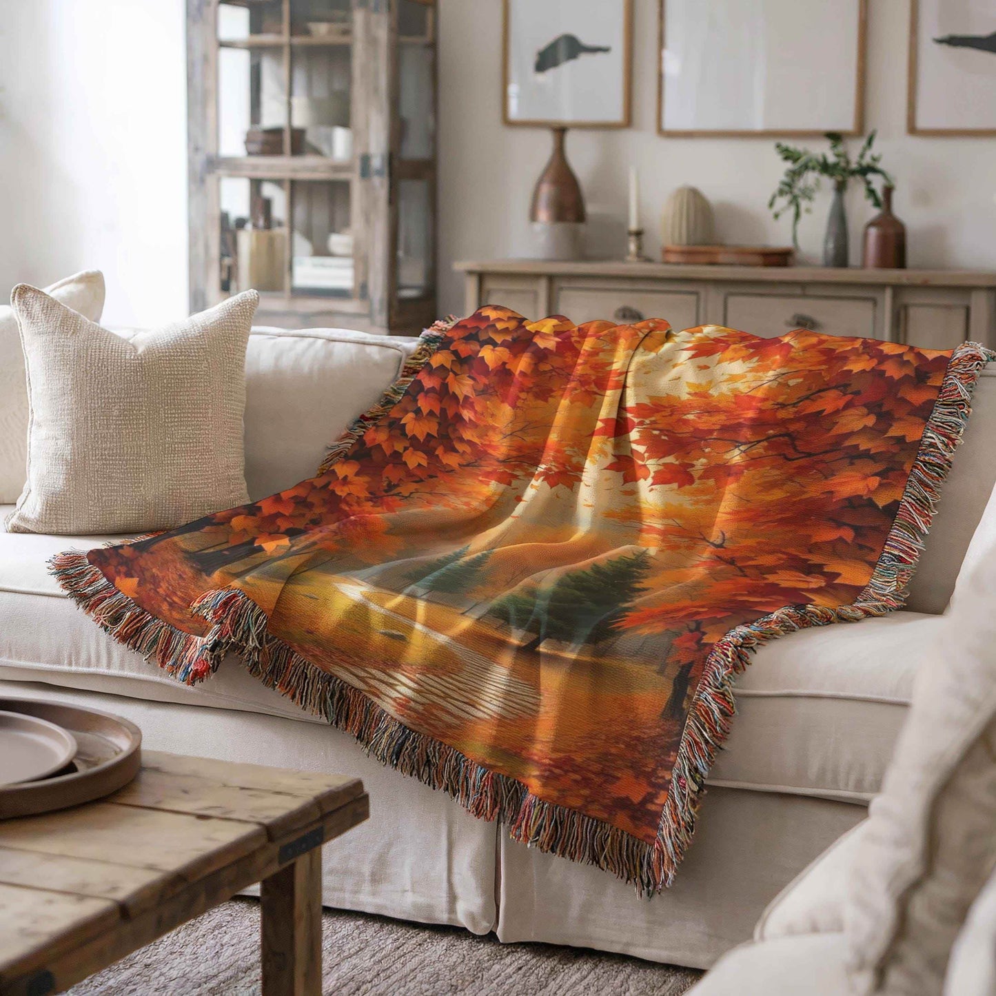 Cotton Throw Blanket – Cozy Fall Blanket with Autumn Leaves Pattern & Fringed Edges - timelessbohochic.com