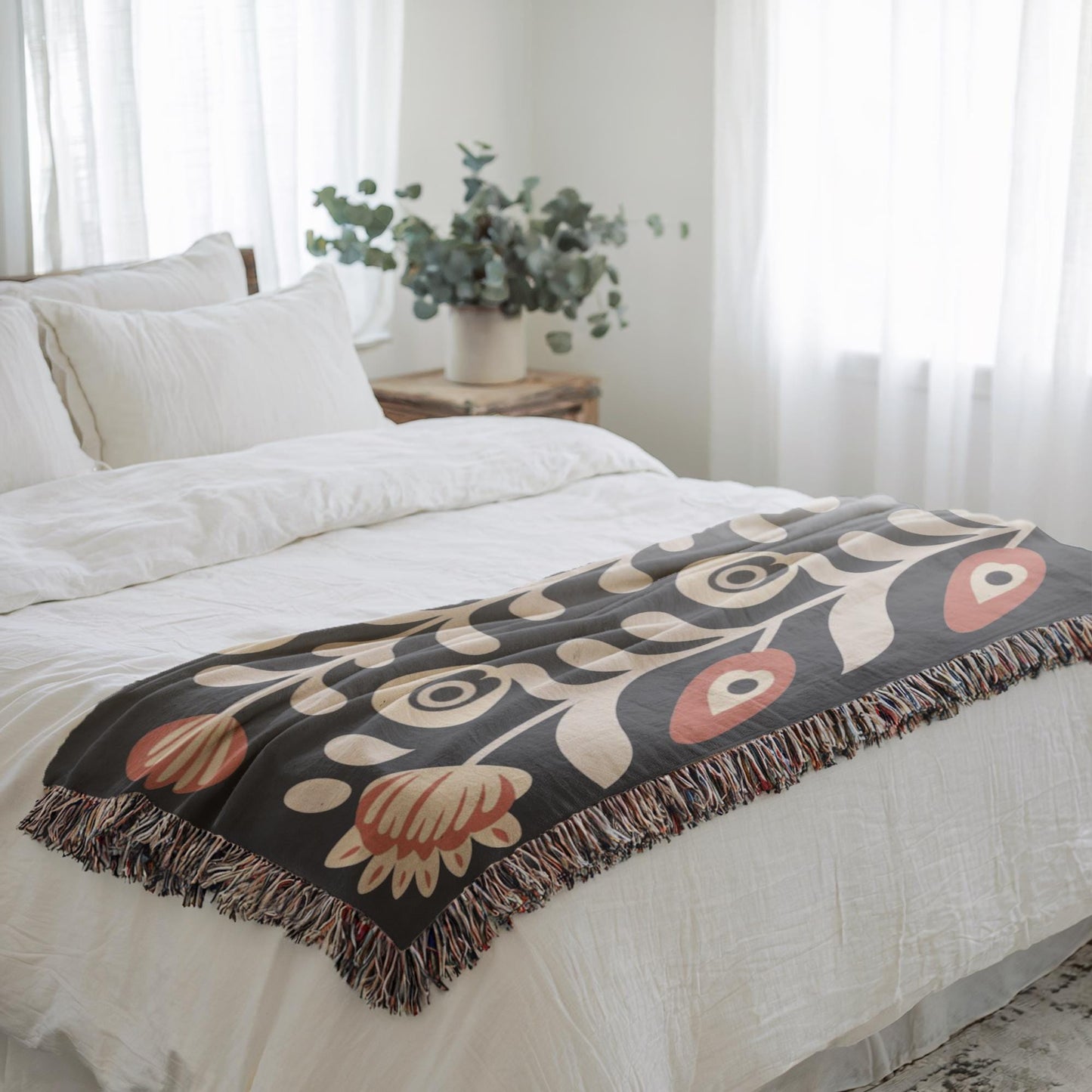 Boho Chic Blanket - Artistic Floral Cotton Woven Throw, Cozy Bedroom Accent & Housewarming Gift