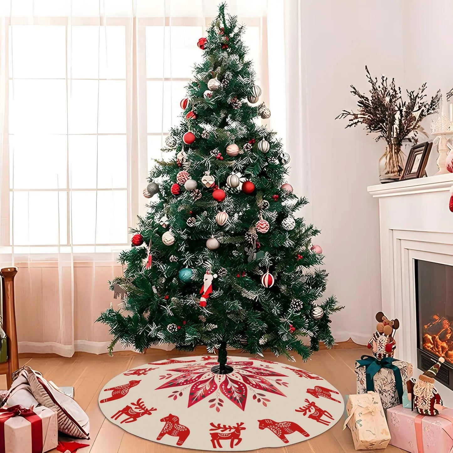 Nordic Christmas Tree Skirt – Scandinavian Holiday Decor with Dala Horse & Reindeer