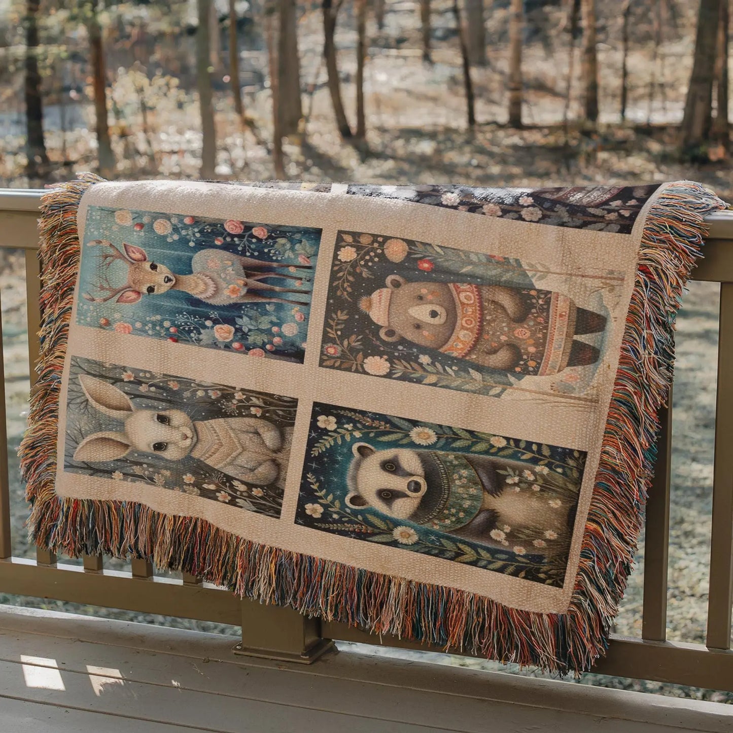 Cotton Woven Quilt – Woodland Animal Throw | Scandi Forest Decor Blanket