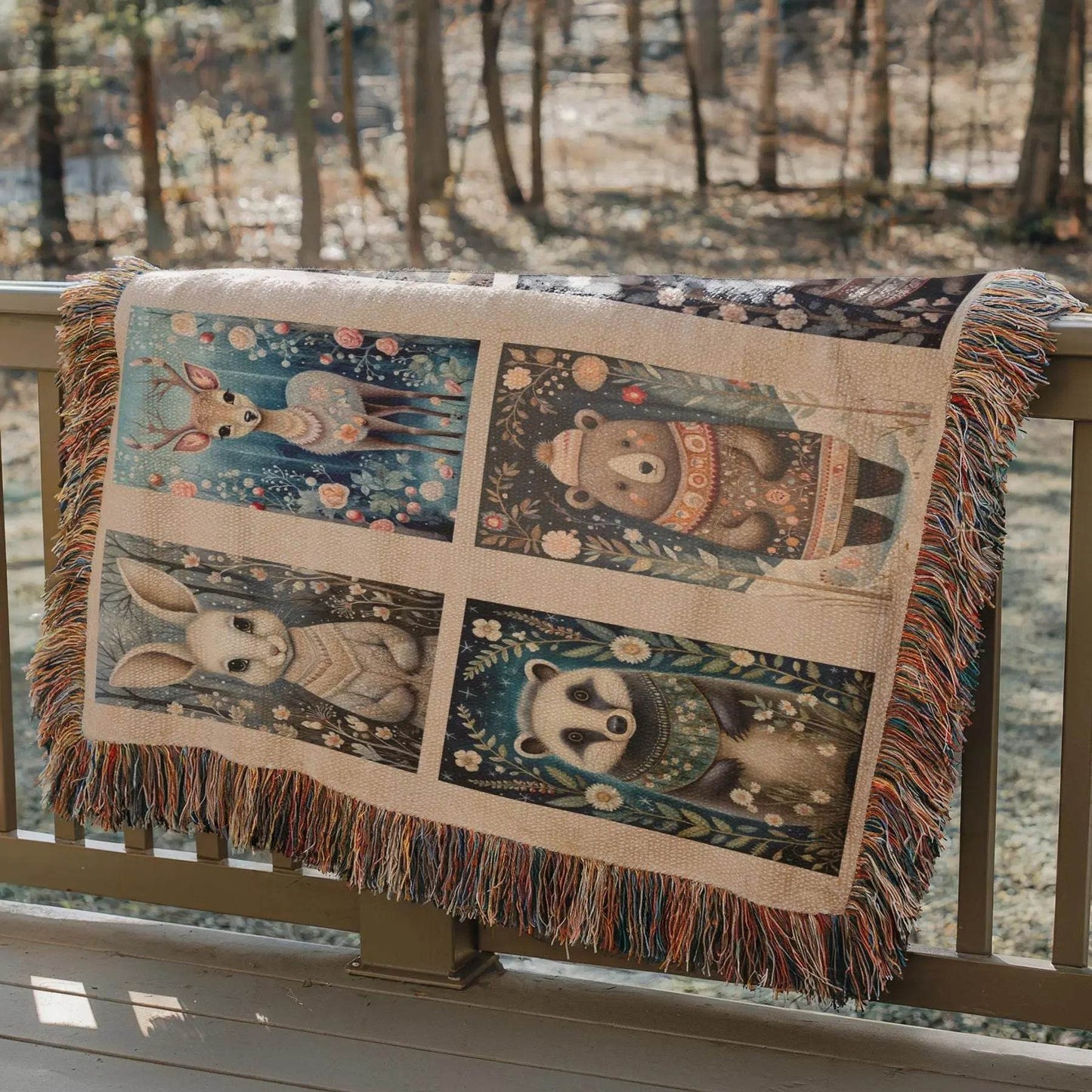Cotton Woven Woodland Animal Throw Blanket – Scandi Forest Decor Quilt - timelessbohochic.com