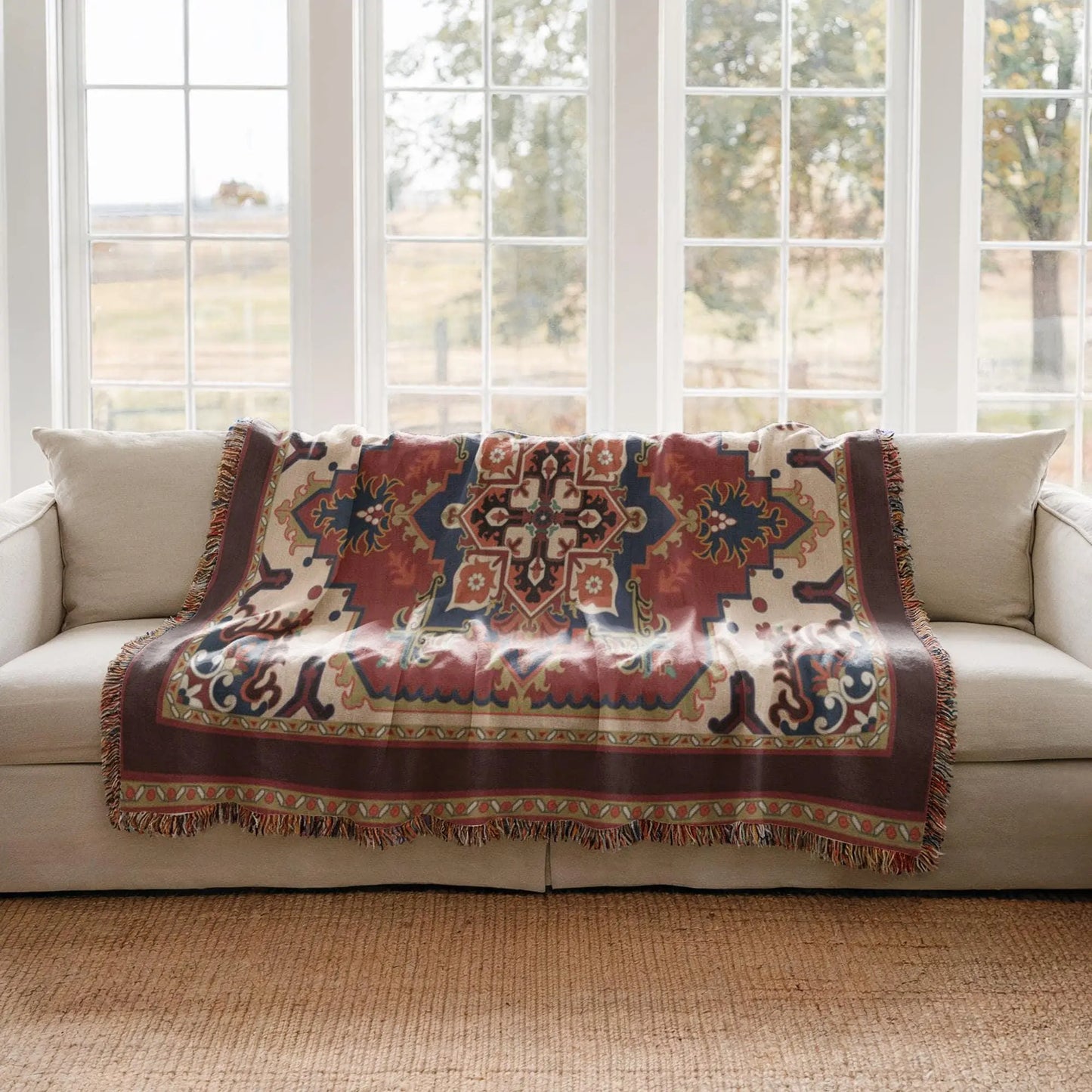 Woven Blanket - Persian Rug Throw With Fringed Edge | Soft Cotton Fabric Durable Cover