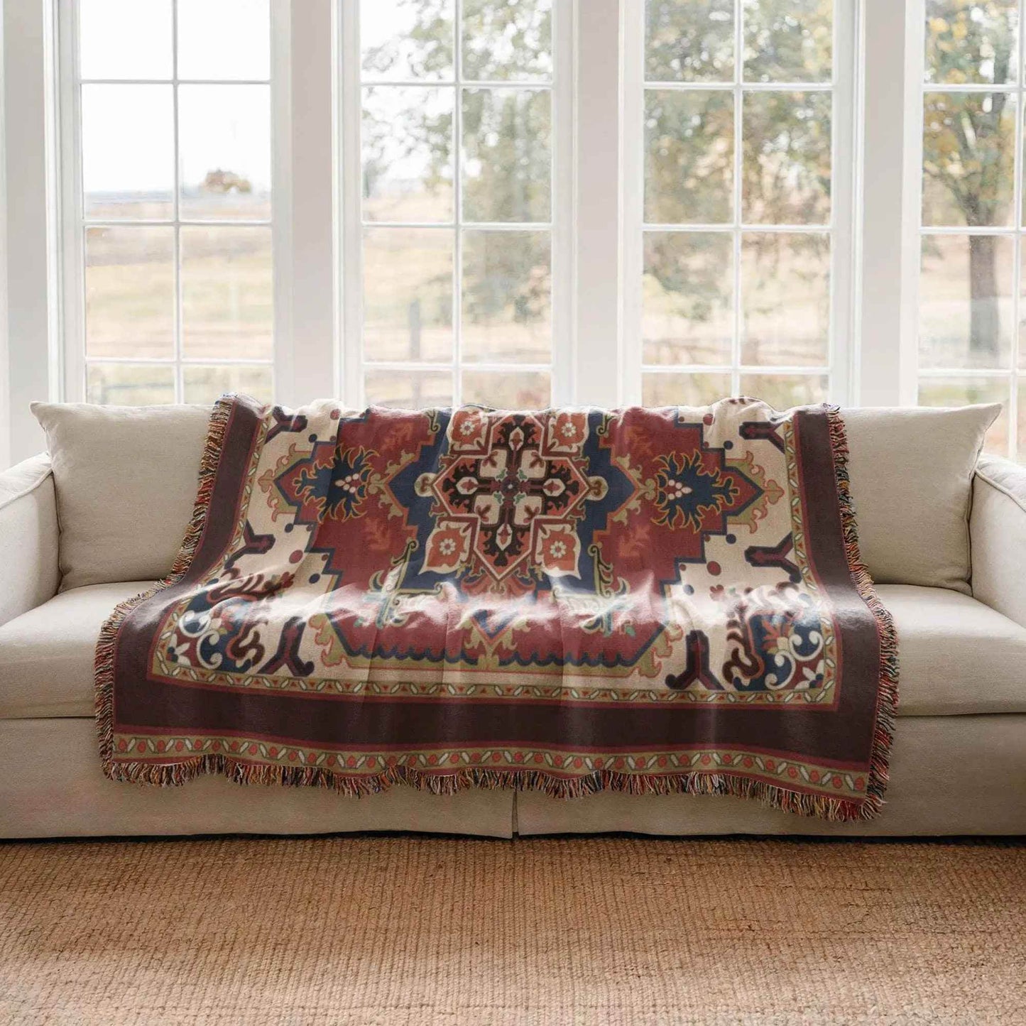Persian Rug Woven Blanket - Soft Cotton Throw with Fringed Edge - timelessbohochic.com