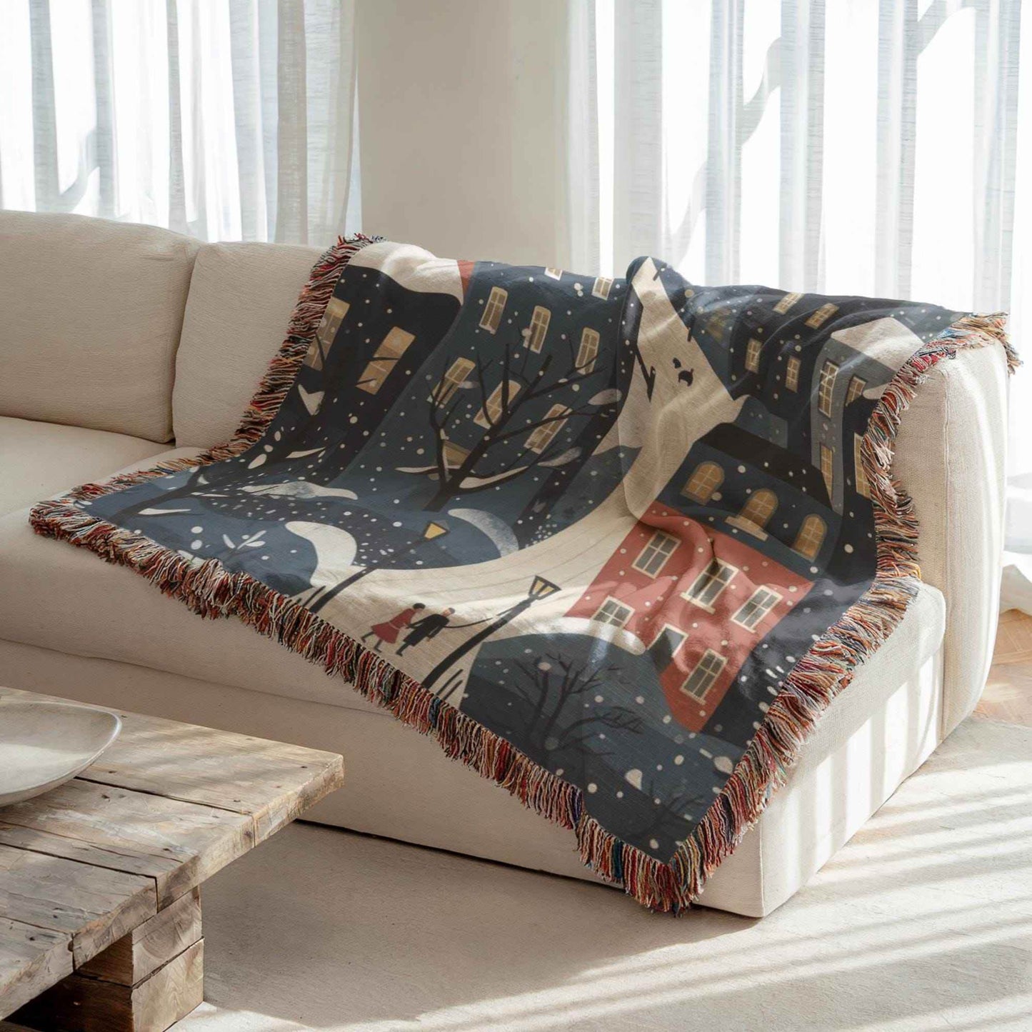 Christmas Village Throw Blanket - Cozy Cotton Holiday Throw With Fringed Edge - timelessbohochic.com