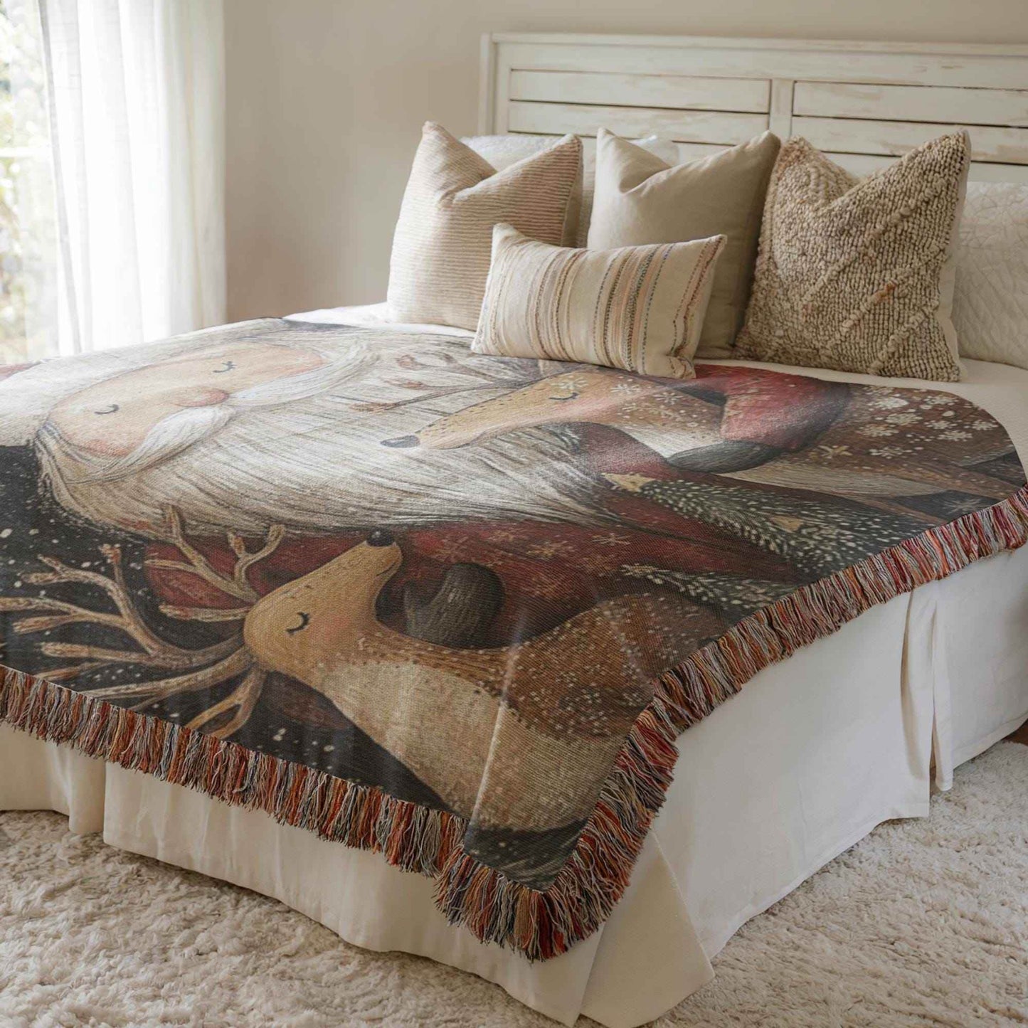 Christmas Woven Blanket – Santa Claus Throw with Fringed Edge, Cozy Holiday Bed Throw - timelessbohochic.com