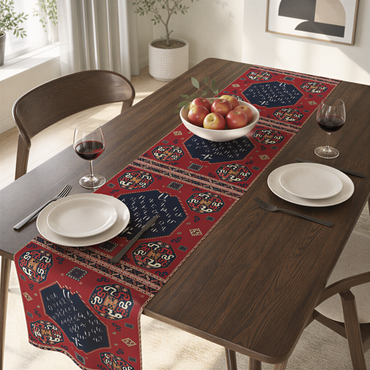 Armenian alphabet table runner in deep red on a dining table with wooden chairs and a bowl of fruit