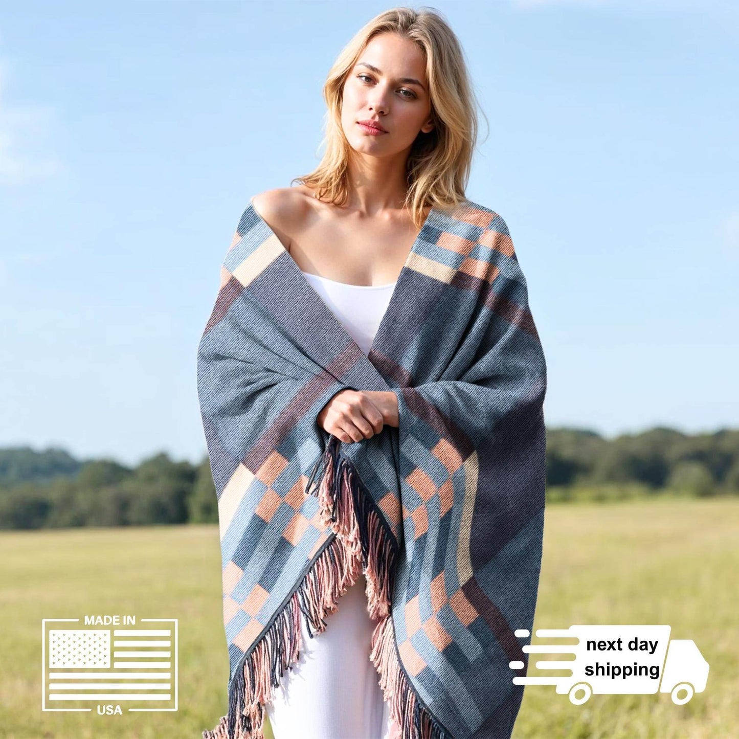 Cotton Woven Throw Blanket - Mid Century Modern Picnic & Patio Blanket with Colorful Fringed Edges - timelessbohochic.com
