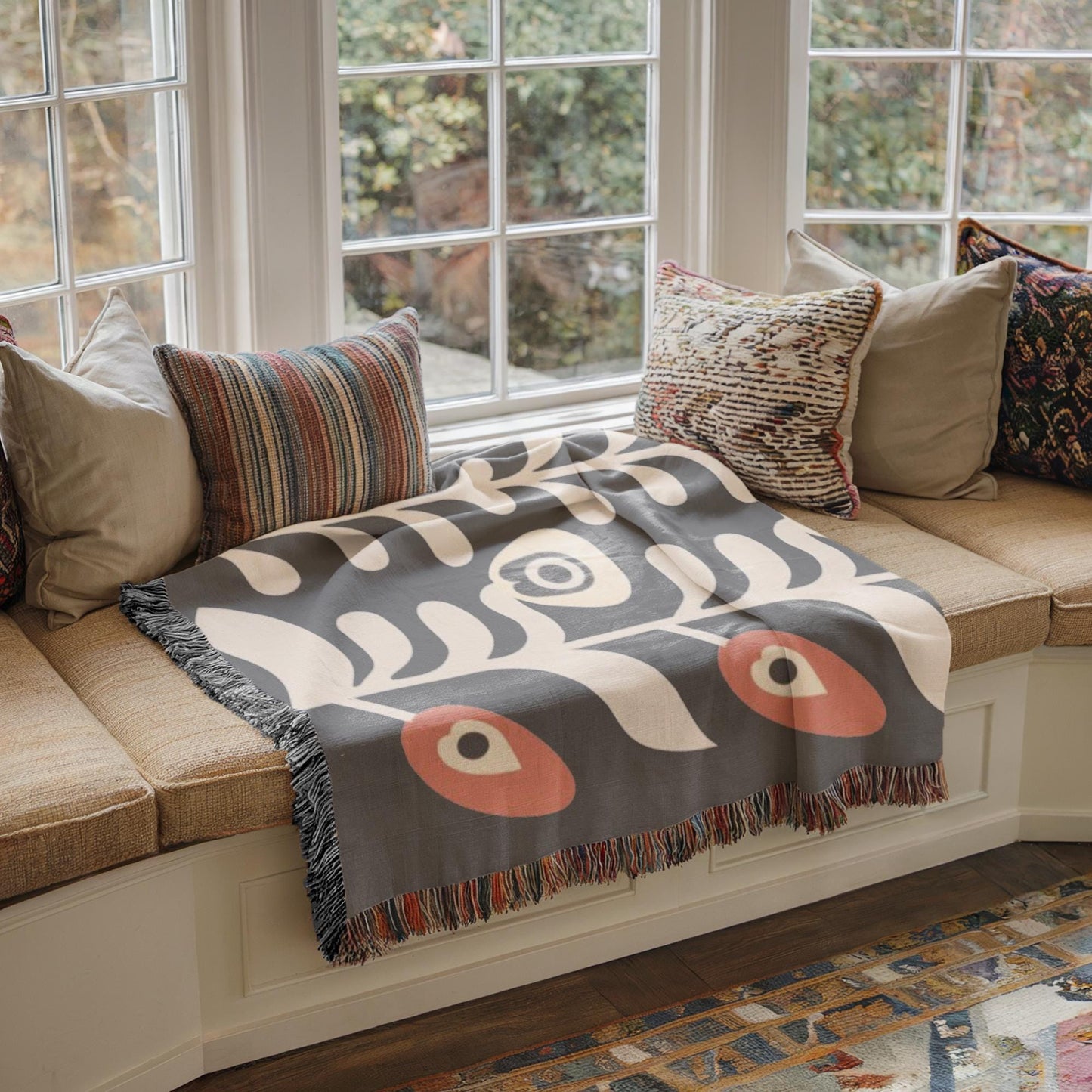 Floral Bouquet Blanket - Matisse Inspired Cotton Woven Throw with Colorful Fringed Edges