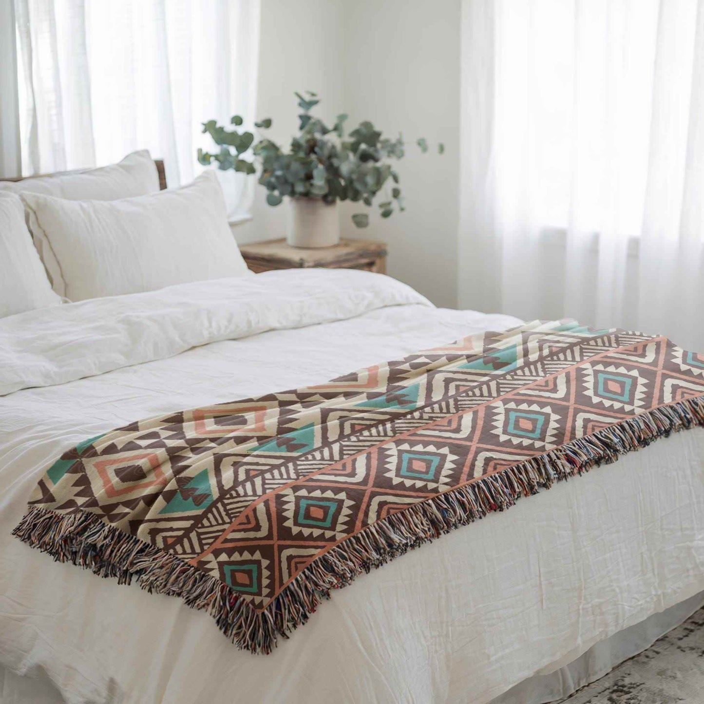 Tribal Patterned Throw Blanket – Woven Cotton Navajo Style, Soft Warm Coverlet - timelessbohochic.com