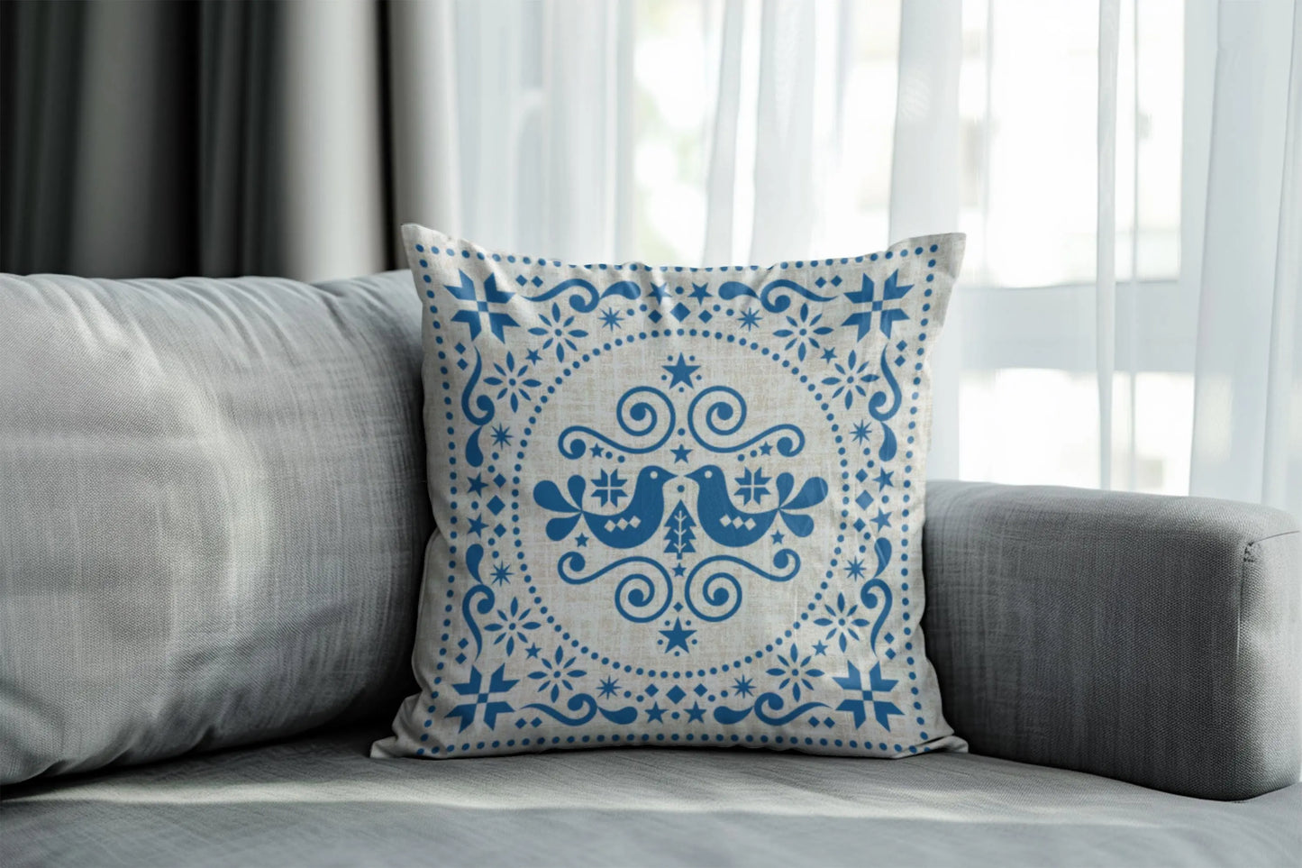 Blue Bird Cushion – Nordic Folk Pillow | Scandi Sofa Cushion | Woven Boho Throw