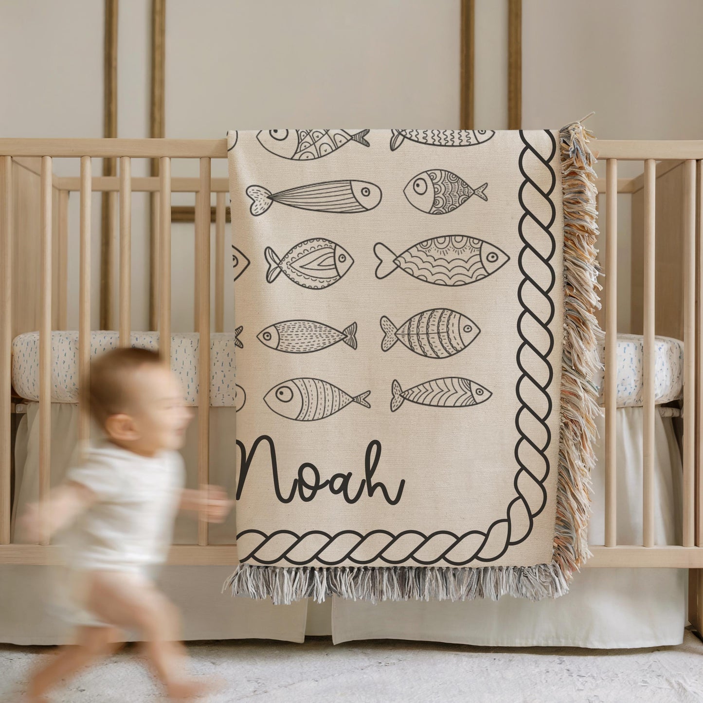 Personalized Baby Fish Blanket – Custom Name Cotton Nursery Decor, Ocean Theme